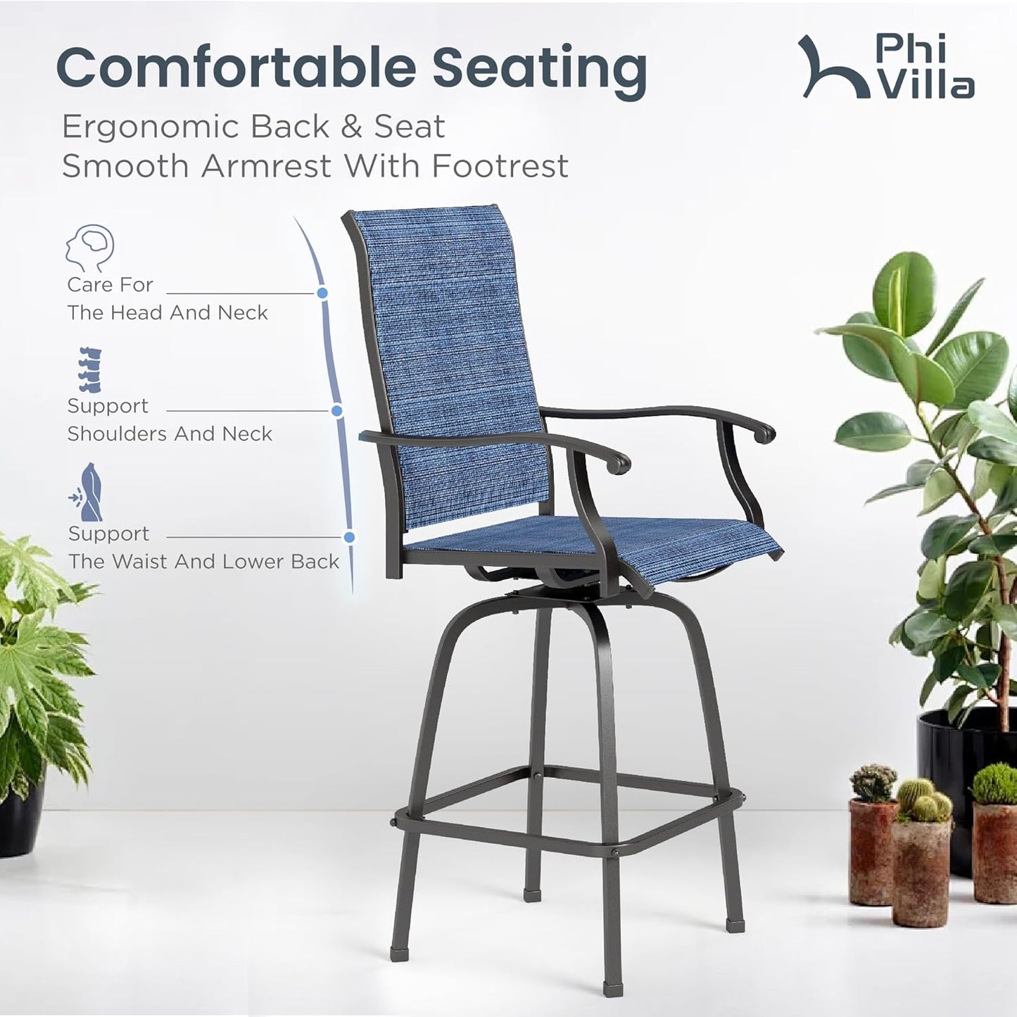 PHI VILLA 3Pcs Outdoor Swivel Bar Stools Set, Bar Height Patio Table and Chairs with All Weather Textilene Fabric, Pub Bar Bistro Tall Furniture Set for Outdoor, Blue