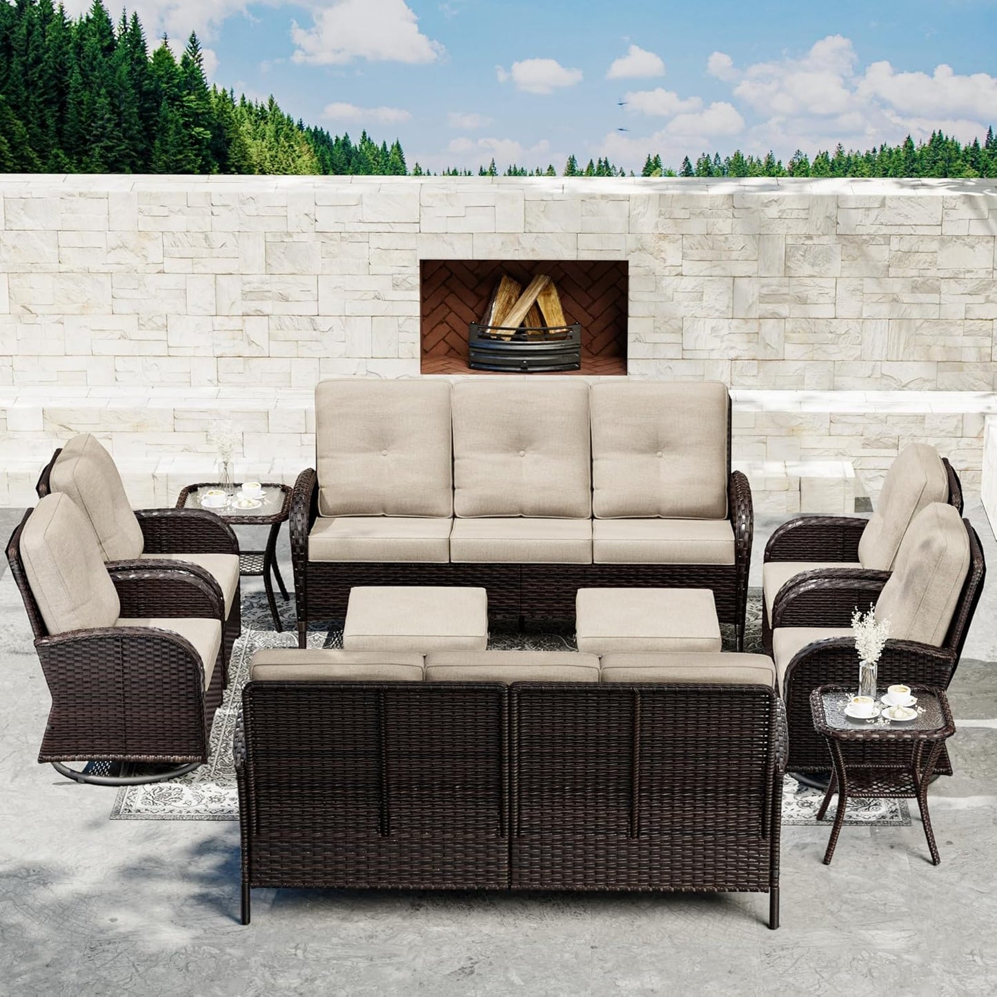 Joyside 10 Piece Patio Furniture Set, Outdoor Wicker Conversation Sets with Swivel Rocker Chairs and Sofa, Thick Cushion, Rattan Patio Sectional for Porch, Deck Use (Brown/Beige, 10 PCS)