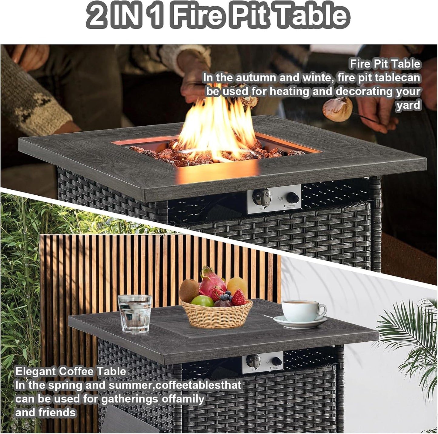 HUMMUH 7 Piece Patio Furniture with Fire Pit 30in 55,000 BTU,PE Wicker Outdoor Conversation Sets - Couch,Patio Chairs and Ottomans,Side Table for Porch,Garden,Backyard