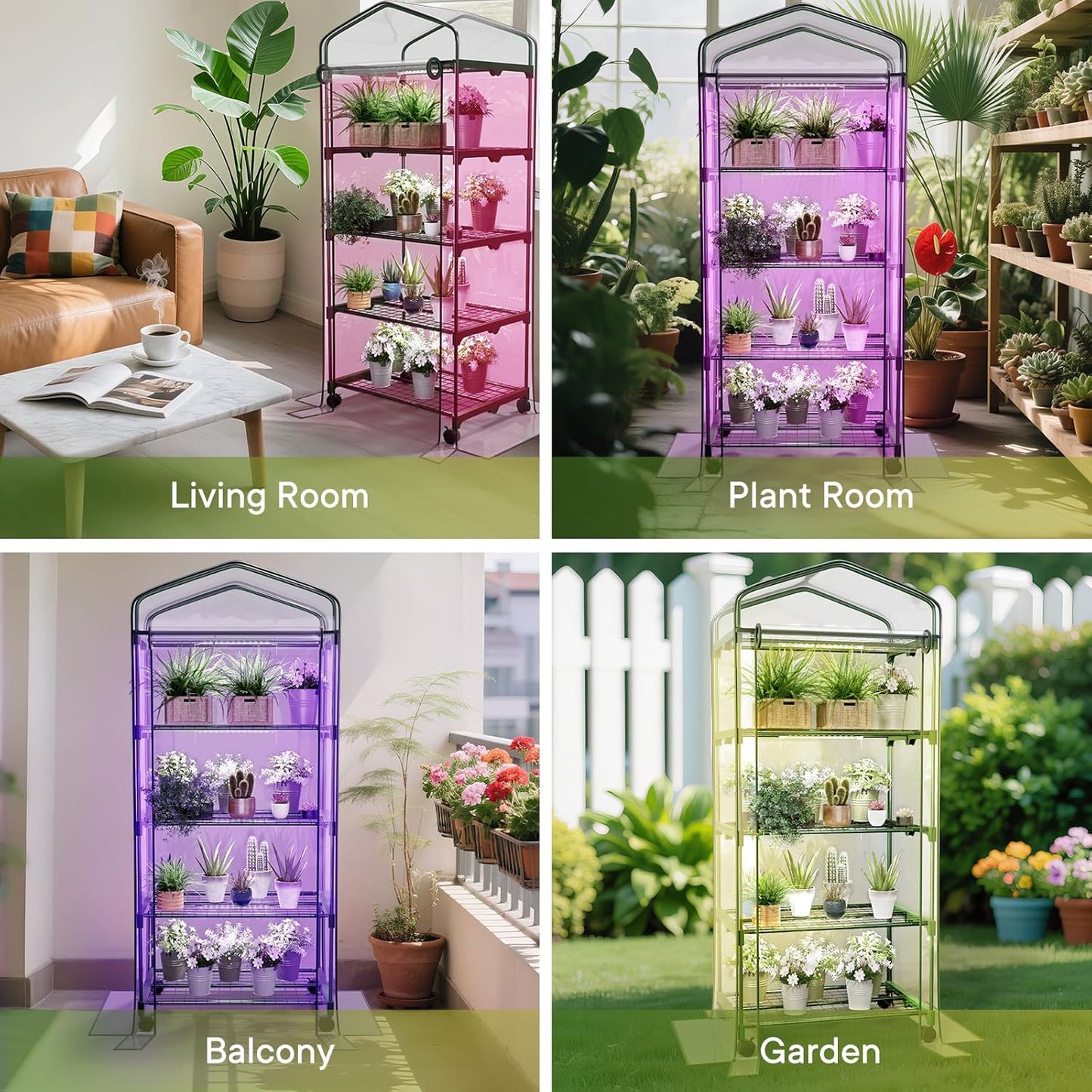 Indoor Greenhouse with Grow Lights & Wheels, 4 Tier Wire Shelf PVC Tent Portable Mini Green House Cabinet Kit for Plant Seed Starting