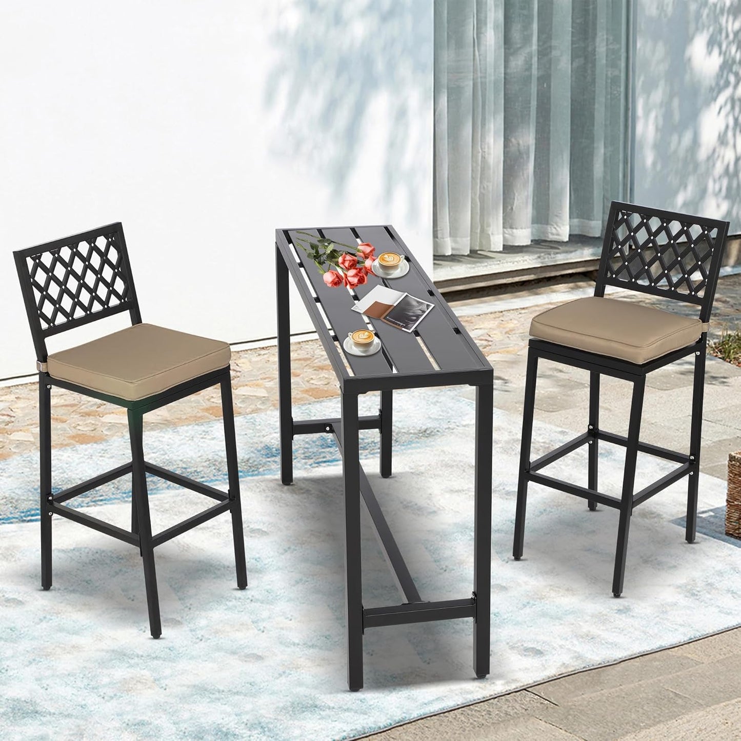 Outdoor Patio Bar Set, Bar Height Patio Dining Set, Weather-Resistant Bistro Counter Pub Set with Cushions & Slatted Tabletop for Backyard, Garden, Yard (47" Table, 2 "X Style Stool, Black)