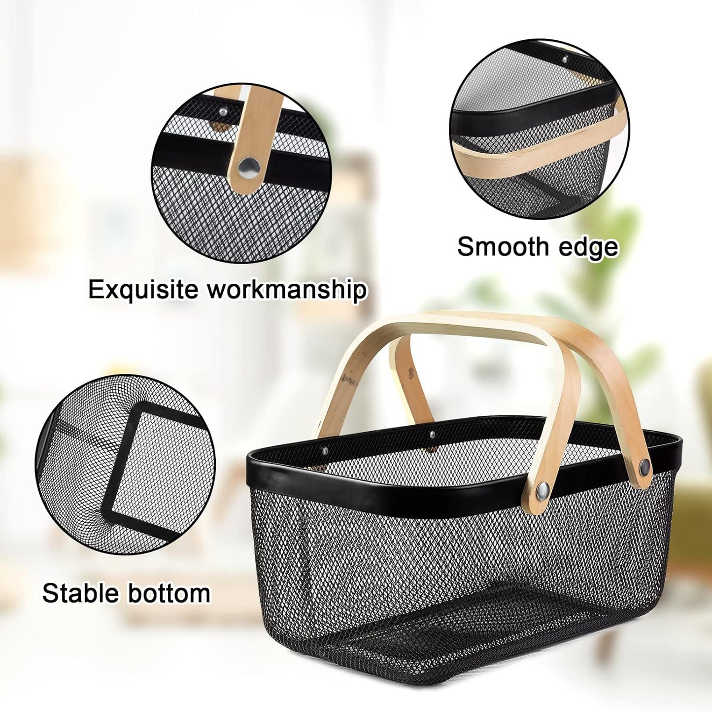 Portable Garden Harvest Basket-Mesh Design Natural Bamboo Handle Wire Storage Baskets,Mesh Basket with Handle Organize Items Reduce Space Occupation,Suitable for Kitchen,Garden,Picnic(Black)