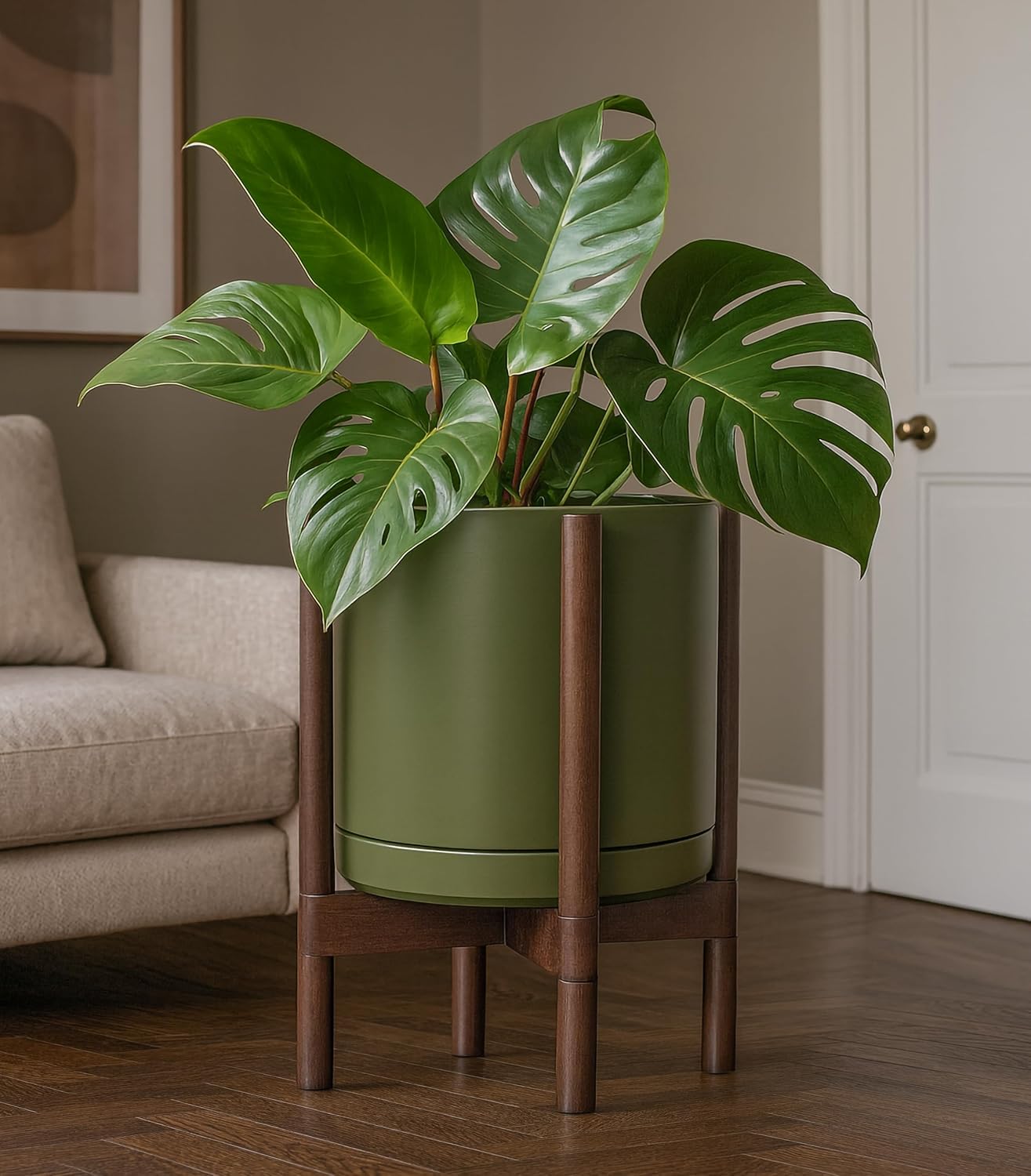 D'vine Dev Ceramic Planter with Walnut Color Stand - 12 Inch Modern Round Flower Pot with Wood Planter Holder, Olive, 55-B-W-J