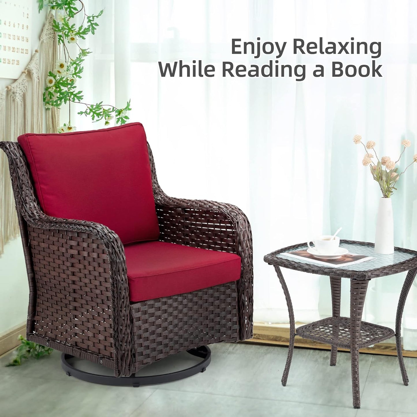 Towallmark Outdoor Swivel Wicker Glider Patio Chairs with Table Set, 3 Pieces Outdoor Bistro Set with 4”Thick Cushions and Coffee Table for Porch, Balcony, Deck (Red)