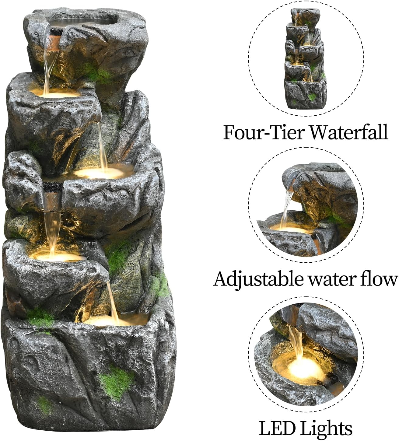Water Fountain Outdoor 31.59" H Cascading Rock 5-Tier with LED Lights Waterfall for Garden, Landscaping, Patio, Backyard, Balconies, Lawns, Porch and Home Art Decor Living Space