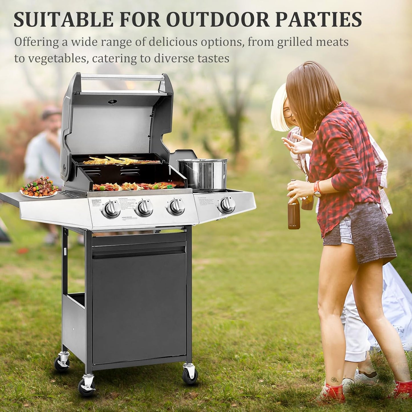 Unovivy 3-Burner Propane Gas BBQ Grill with Side Burner & Porcelain-Enameled Cast Iron Grates Built-in Thermometer, 39,000 BTU Outdoor Cooking, Patio, Garden Barbecue Grill, Black and Silver