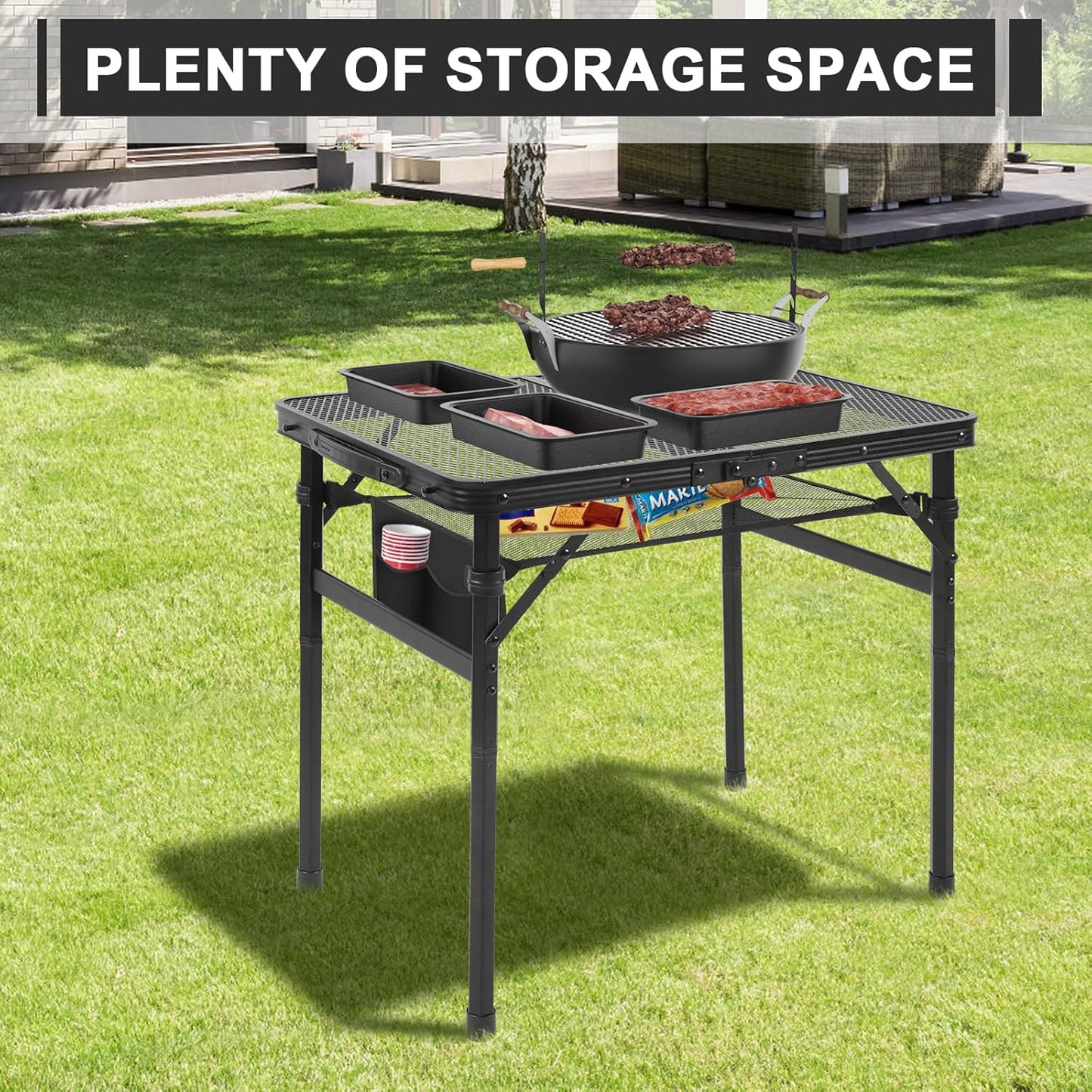 Camping Portable Folding Grill 2x1.3 FT Table, Lightweight Height Adjustable Metal Picnic Outdoor Table with Mesh Desktop and Mesh Bag, Picnic, Beach and BBQ, Party