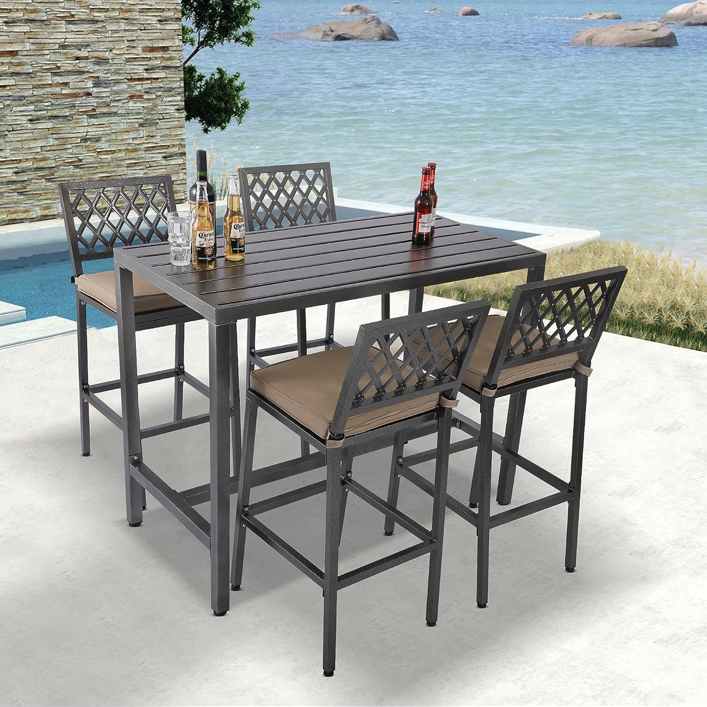 Outdoor Patio Bar Set, Bar Height Patio Dining Set, Weather-Resistant Bistro Counter Pub Set with Cushions & Slatted Tabletop for Backyard
