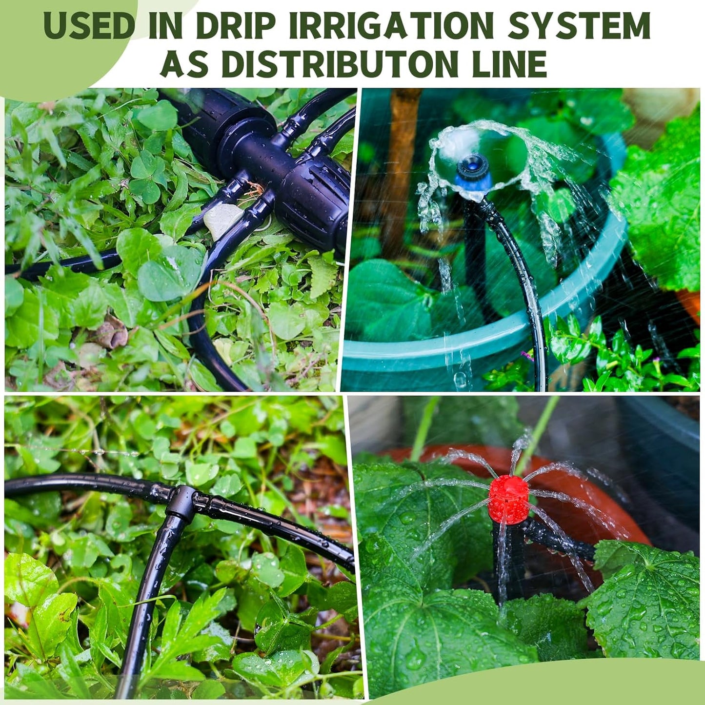 100FT 1/4 Inch Drip Irrigation kit Tubing Distribution Hose Tube for Garden Drip Irrigation System (Includes 2 Pack 6-Way Connector and 20pcs 1/4" Tee Splitters and End Plugs)