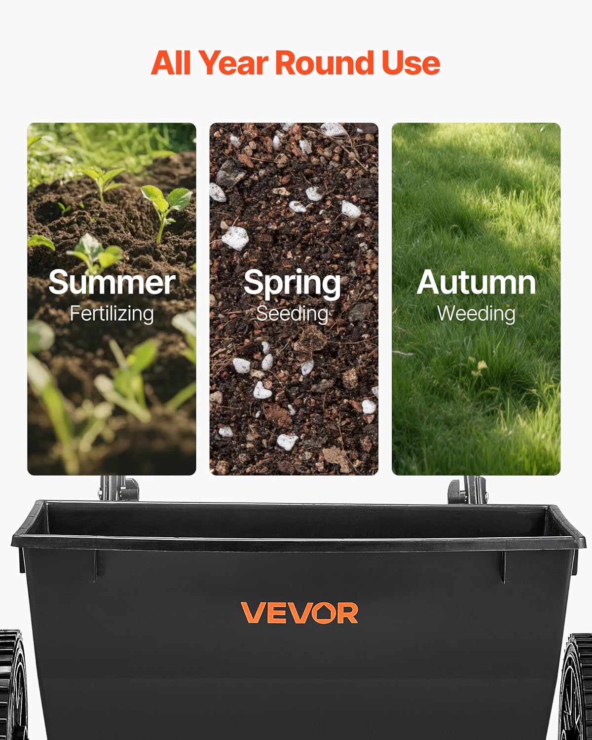 VEVOR Broadcast Spreader, 50LBS Capacity, Walk-Behind Push Spreader, 18 in Spreading Width, 8 in All Terrain Pneumatic Tires, Lawn Spreaders with Hopper Grate, for Seed, Fertilizer, Ice Melt