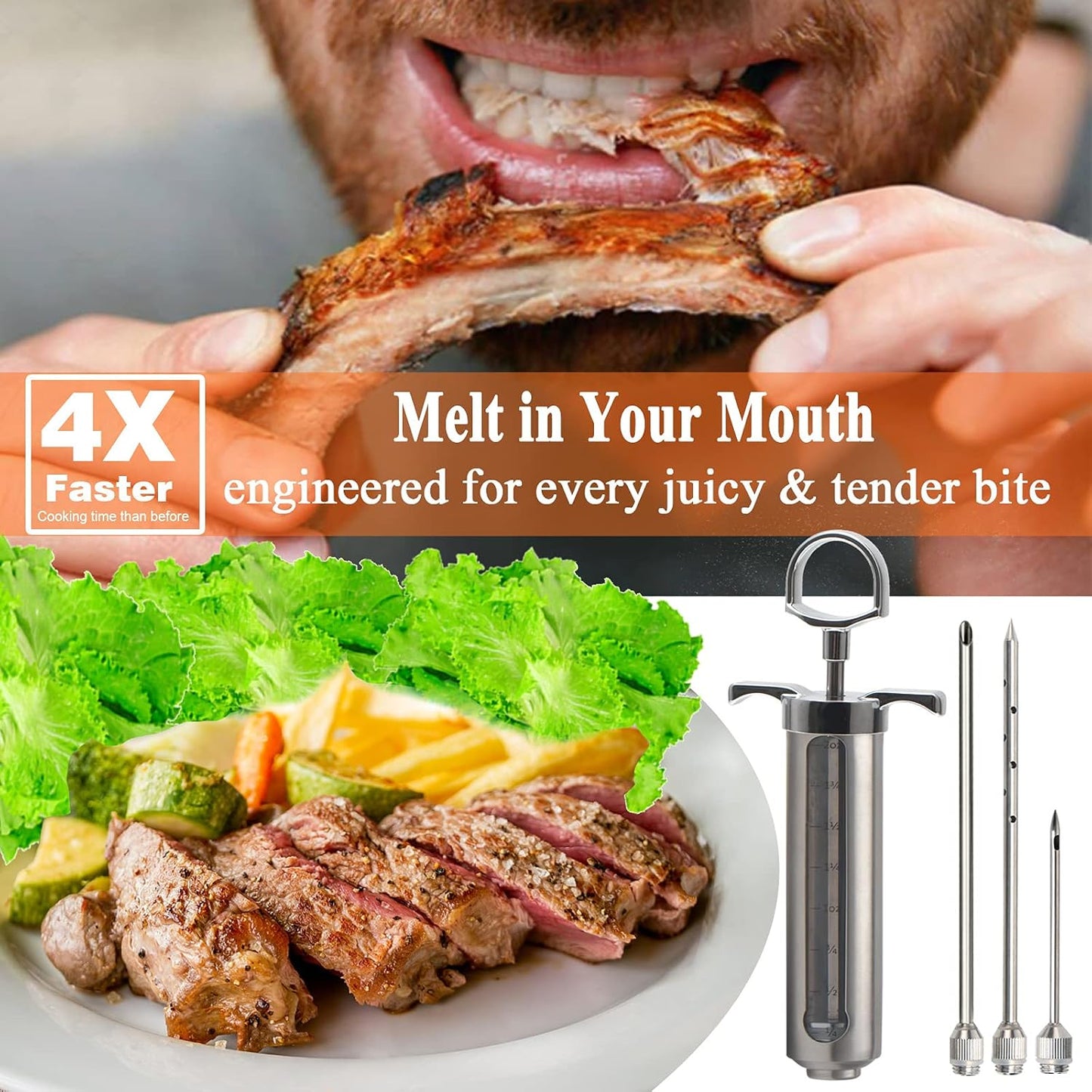 Meat Injector, Stainless Steel Marinade Injector Flavor Syringe Kit with 2-oz Measurement Window for Smoker Food BBQ Grill, Cooking Turkey Chicken Steak Beef Brisket Pork-Chops, 3 Meat Needles