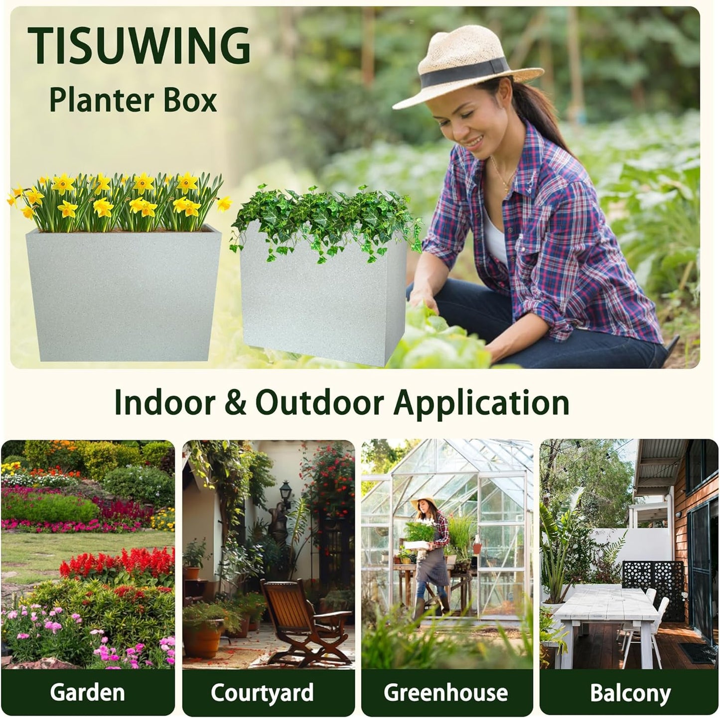 Metal Planter Box Rectangular Planter, 35.5" Lx 10" Wx 28" H Terrazzo White Large Planters with Drainage Holes, Galvanized Steel Tall Planters for Patio/Porch