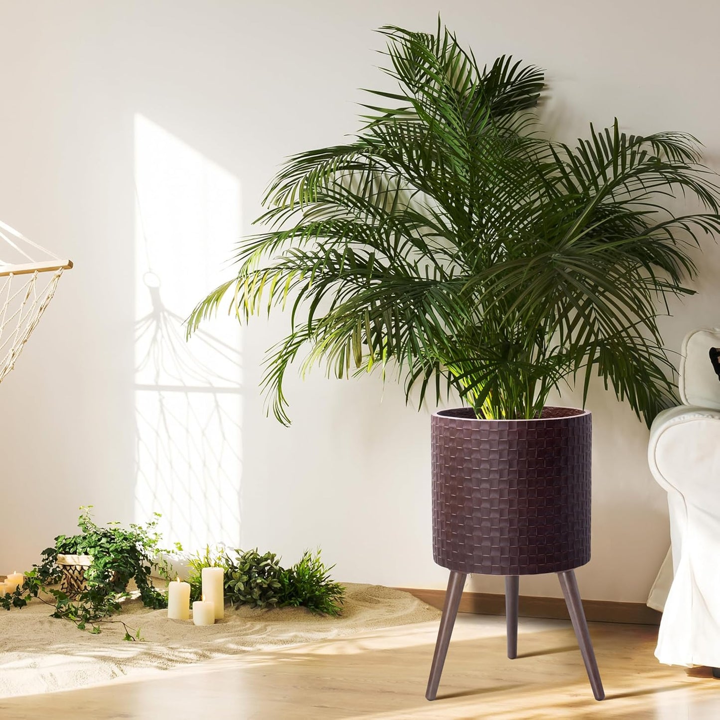 D'vine Dev 14 Inch Modern Geometric Tile Patterned Sleek Planter Pot with Stand, Indoor Outdoor Decorative Plant Holder, Espresso, 88-Z-D-6