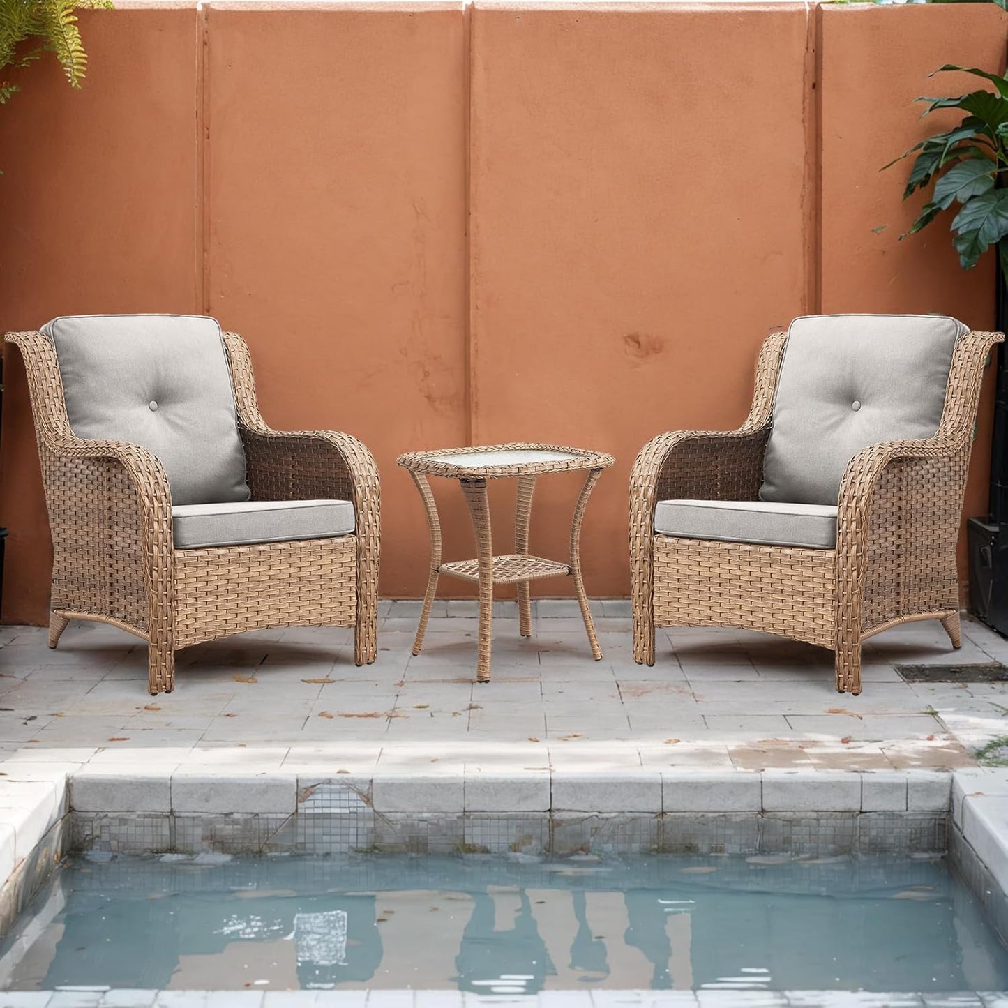 Patio Tables Wicker Side Table - Rattan Coffee Tables with Glass Top End Table for Outdoor Outside Patio Porch Square Yellow