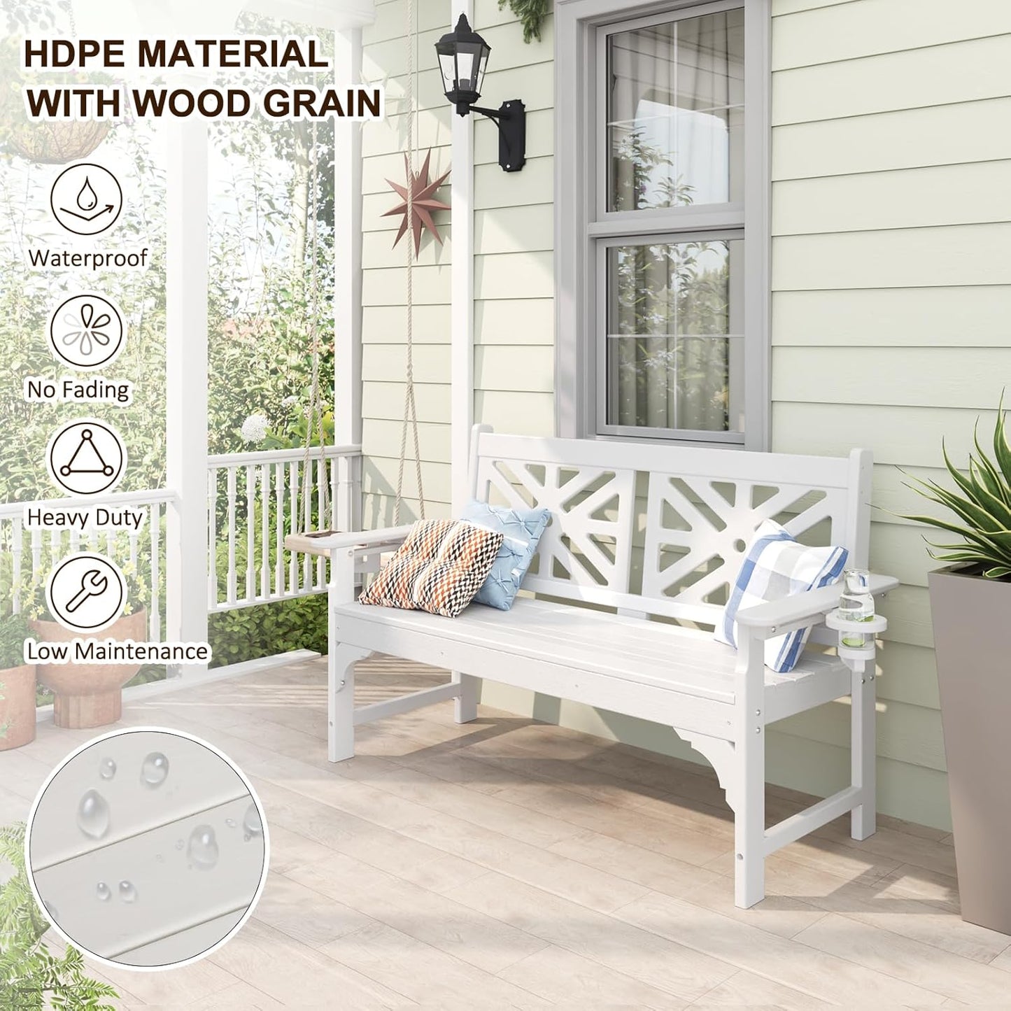 nalone Outdoor Bench with Cup Holders, HDPE All Weather Porch Bench Load up to 800 Lbs, 2-Person Garden Benches Rot-Proof Fade Proof for Patio, Porch, and Park (White)