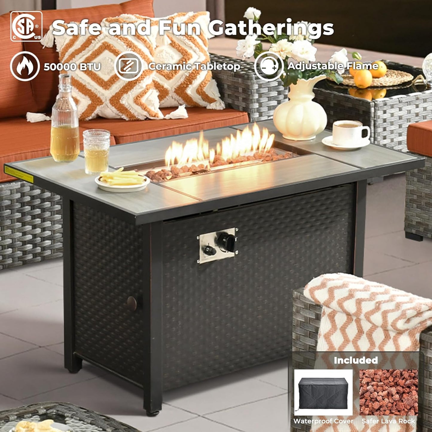 ovios 10 Pieces Patio Furniture Set, Outdoor Wicker Sectional Sofa with 42" Fire Pit Table Swivel Chairs, Modern Modular Deep Seat Rattan Couch Conversation Sets, Orange Red