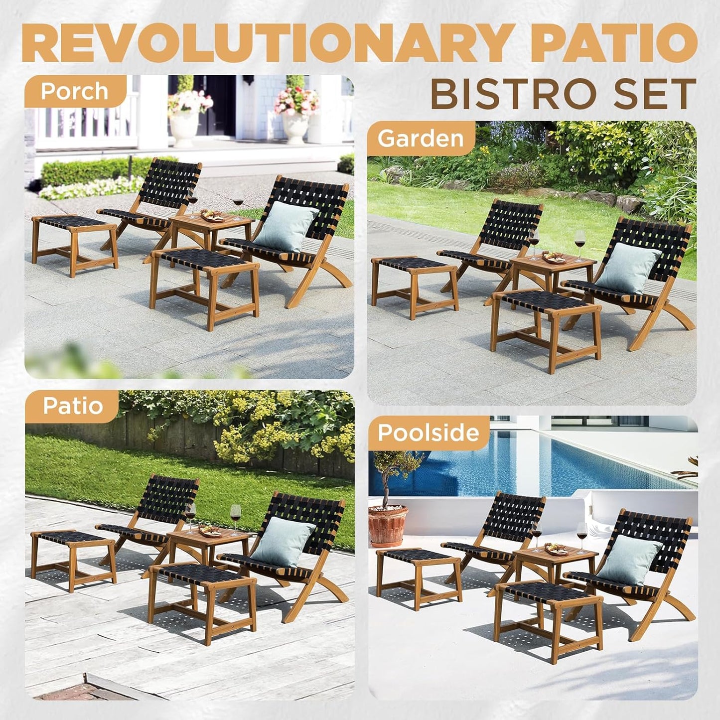 IDZO Foldable Reclining Design Heavy Duty 400lbs Capacity Patio Bistro Set 5 Piece with Ottomans Outdoor