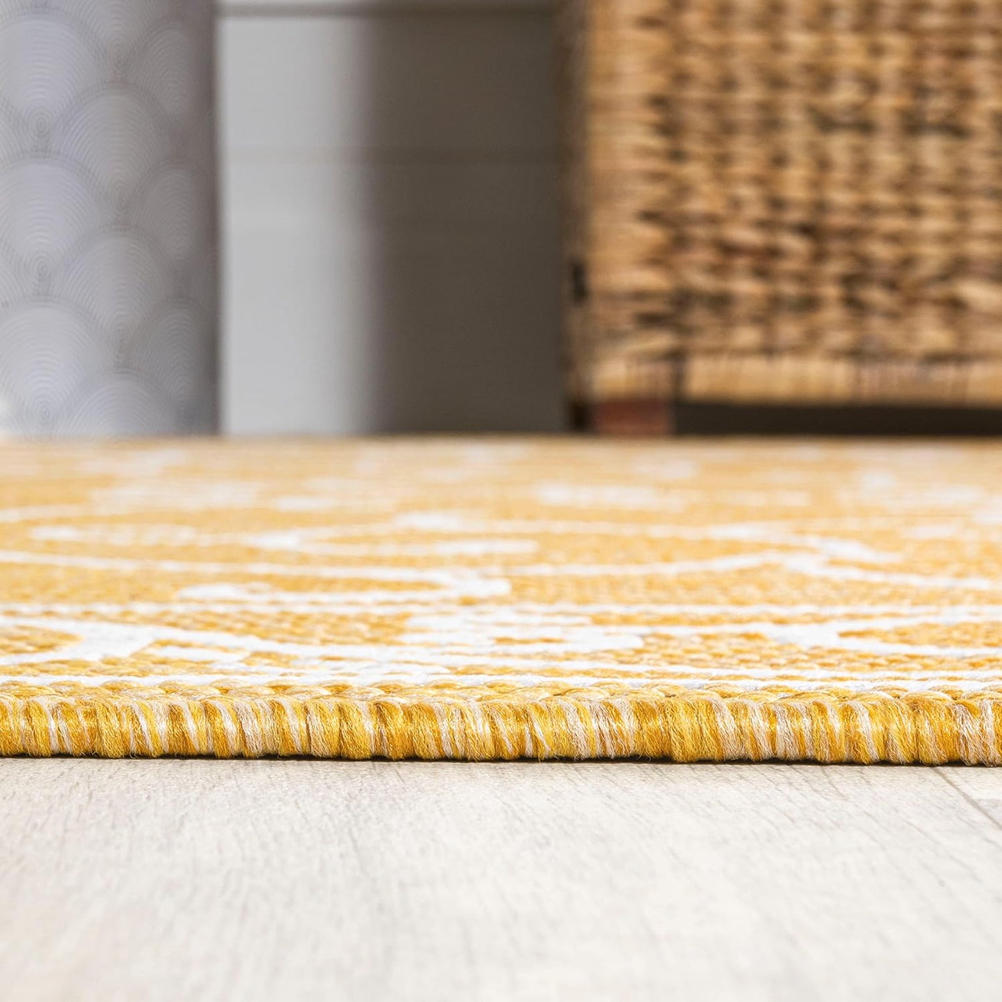 JONATHAN Y SMB106L-210 Charleston Vintage Filigree Textured Weave Indoor Outdoor Runner Rug, Classic,Traditional,Transitional Easy Clean,Bedroom,Kitchen,Backyard,Patio, Non-Shed, Yellow/Cream, 2 X 10
