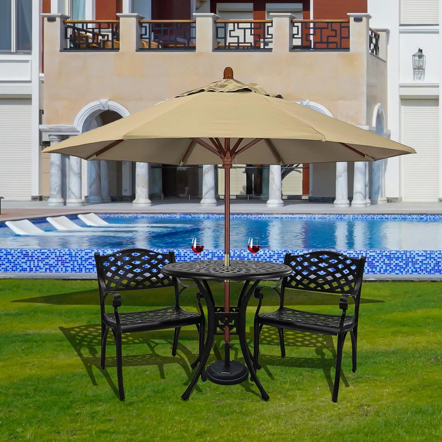 Cast Aluminum Patio Bistro Sets Outdoor Bistro Table and Chair Set of 2 with Umbrella Hole,Metal 3 Piece Patio Set All Weather Bistro Table Set for Garden,Black