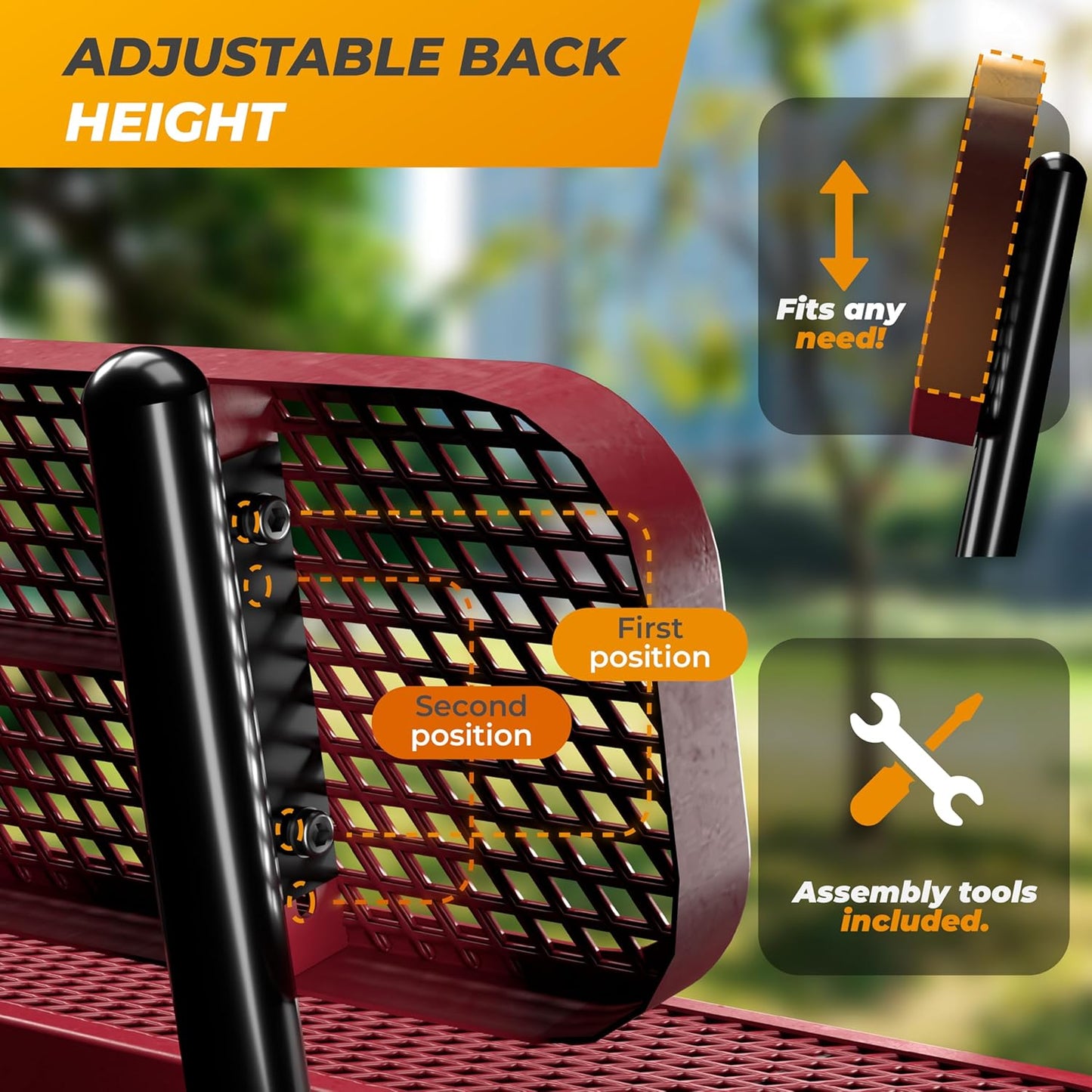 Heavy-Duty Outdoor Metal Bench, Thermoplastic-Coated, Inground, Weatherproof, Commercial-Grade for Parks, Gardens, Patios, Stores & More (6 Ft - Inground with Back, Red)