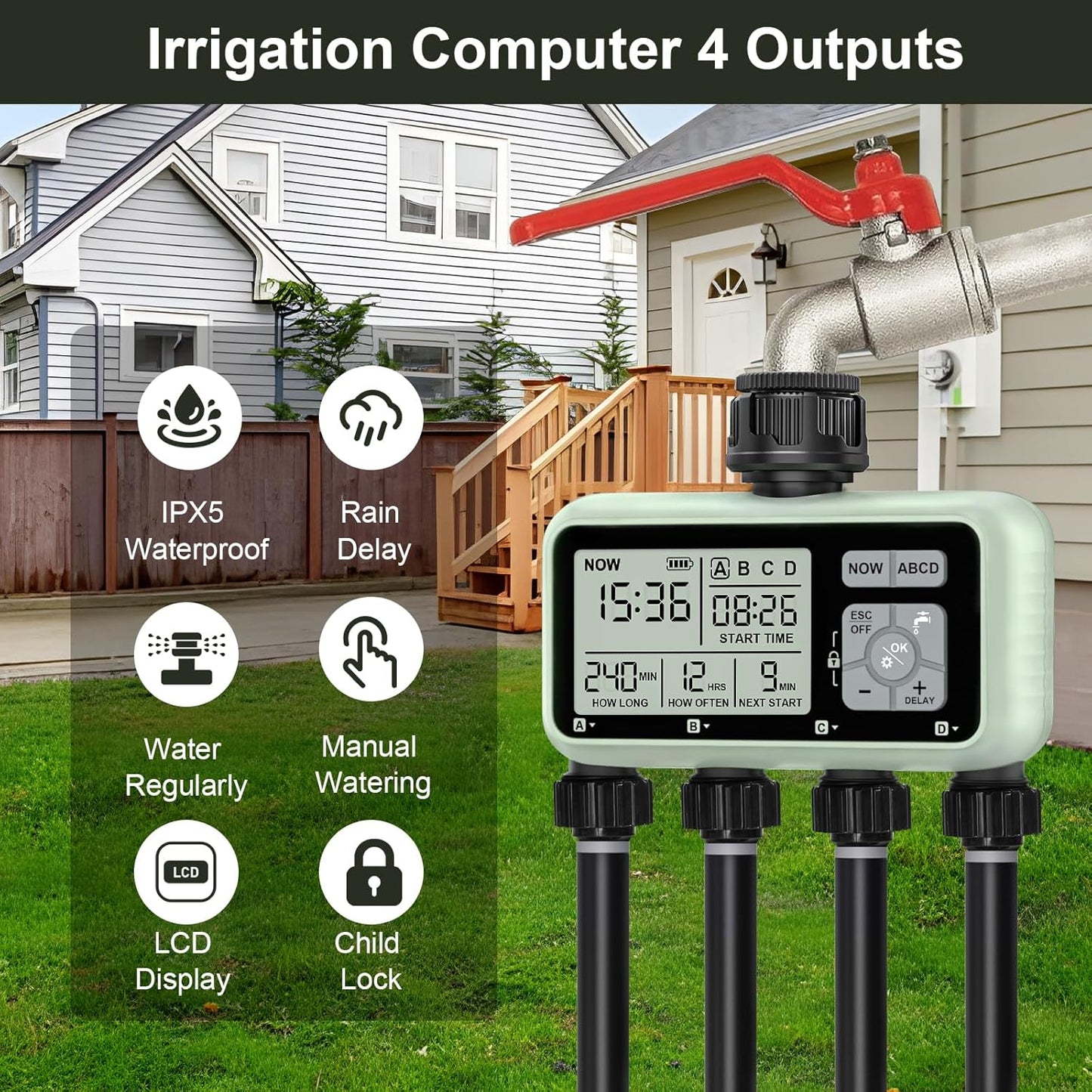 Watering Timer 4 Zone, Sprinkler Timer,Programmable Garden Outdoor Hose Faucet Timer with Rain Delay/Manual/Automatic Watering System,Water Hose Irrigation Timers 4 Outlet for Garden