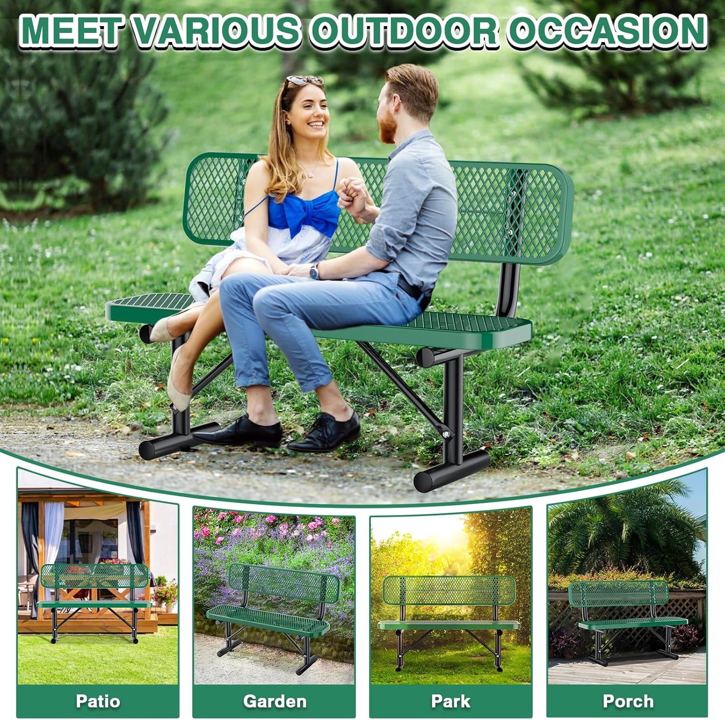4FT Heavy Duty Park Bench with Back Portable Frame, Outdoor Metal Park Bench with Backrest, Steel Mesh Outdoor Bench for Garden, Lawn, Patio, Porch, Park, Yard, Green