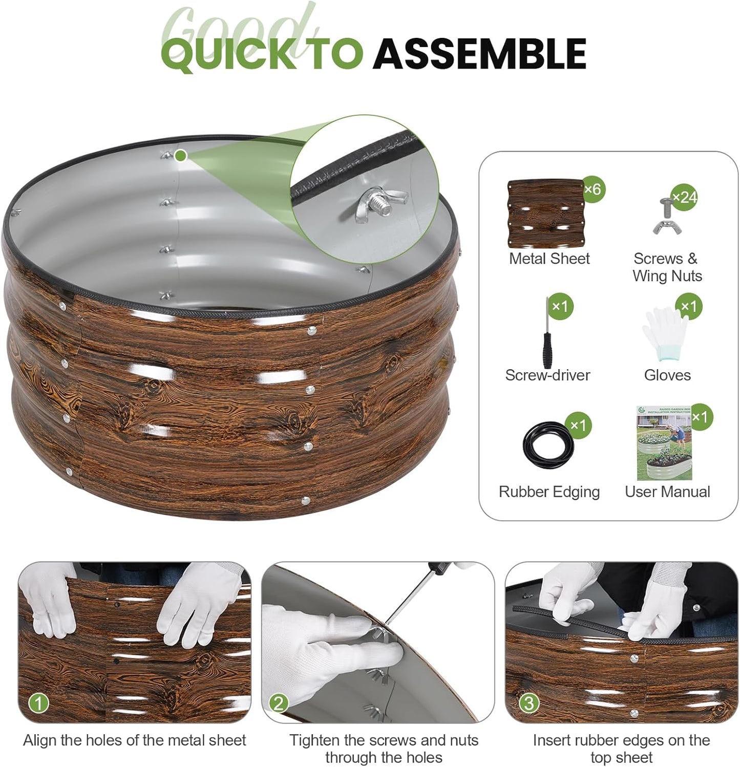 G GOOD GAIN Round Raised Garden Bed - 2Pcs 2x2x1ft Galvanized Steel Planter Boxes Outdoor with Rubber Edge Trim | Metal Raised Beds for Gardening Vegetables Flowers Fruits Herbs (Wood Grain)