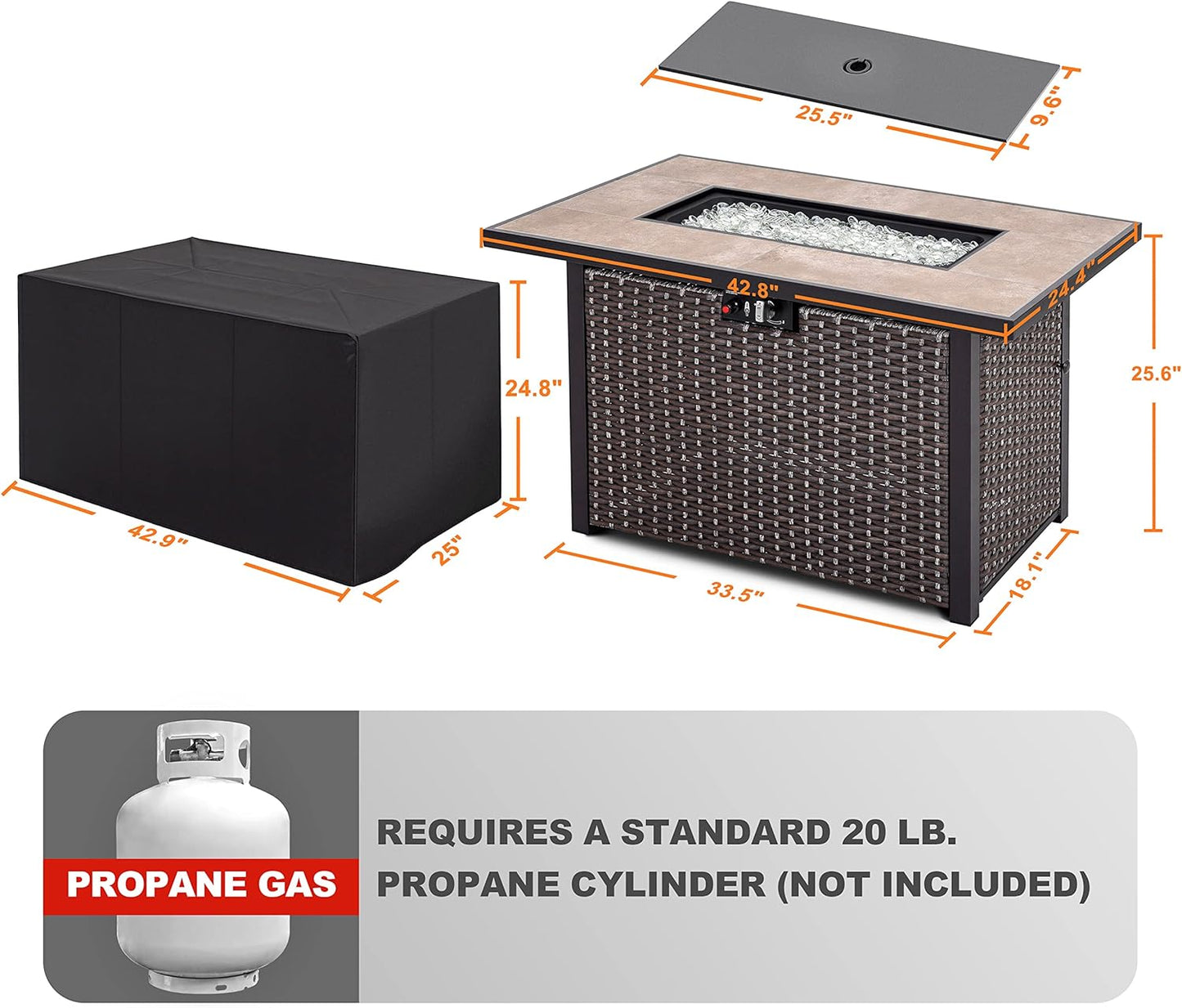 Nuu Garden Outdoor 43 Inch 50,000 BTU Propane Gas Fire Pit Table, Propnae Fire Pit with Ceramic Tabletop, Oxford Cover, Dark Brown and Coffee