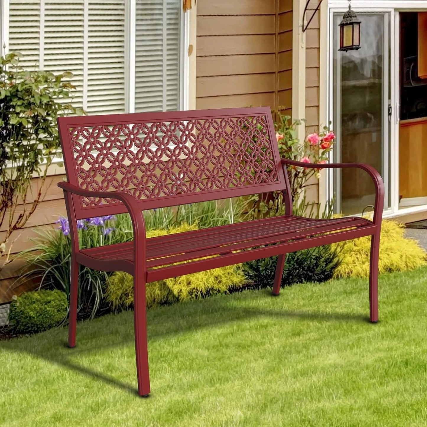 Grand patio 50" Outdoor Bench Garden Bench with Armrests Bench for Outdoors Lawn Yard Porch Red