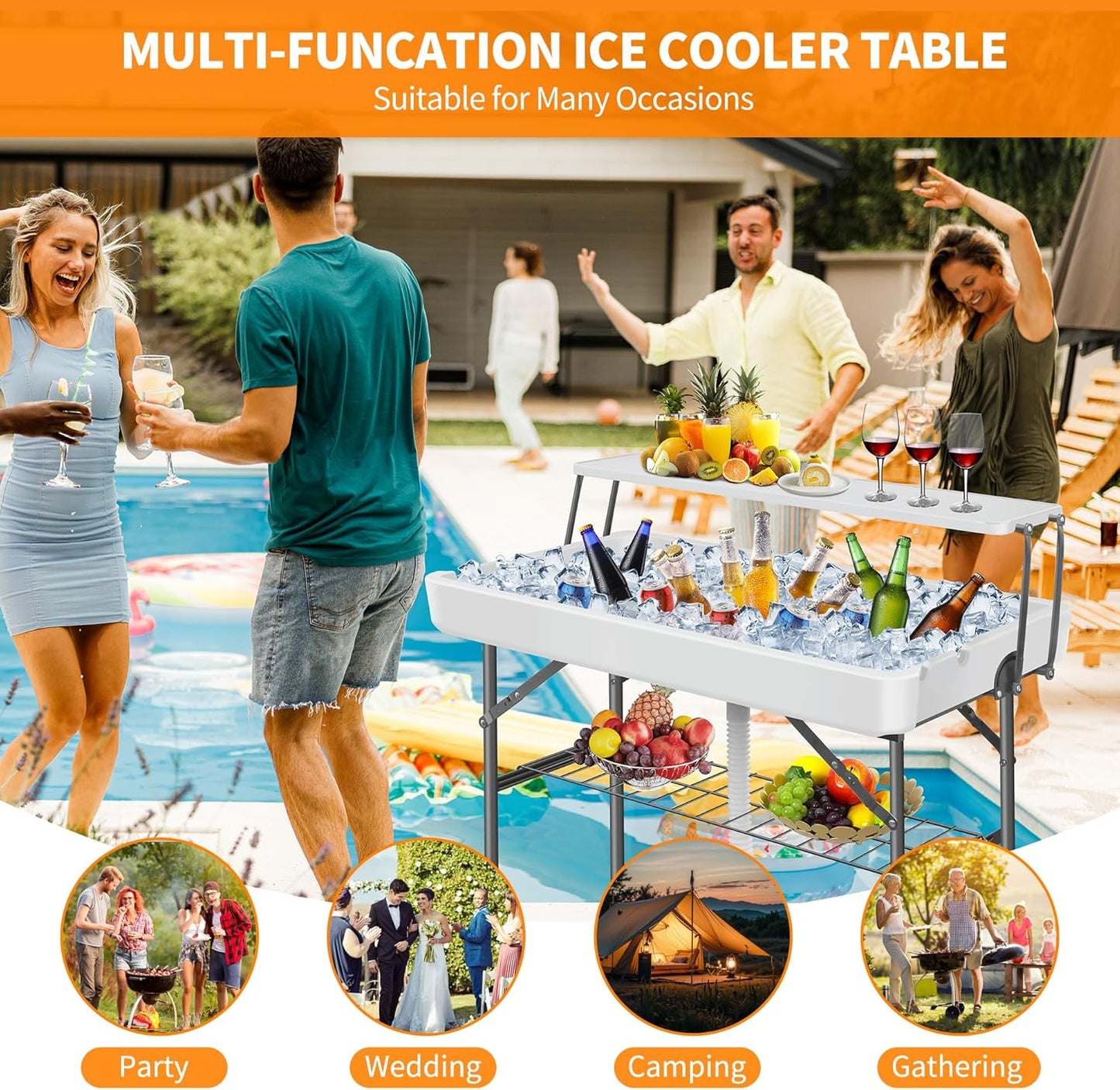 Portable Folding Ice Cooler Table - 2 Tier Outdoor Cooler Table with Removable Matching Skirt and Shelf, Ice Tables for Party, Camping, Picnic, Foldable Self-Serving Beverage Cooling Bar(White)
