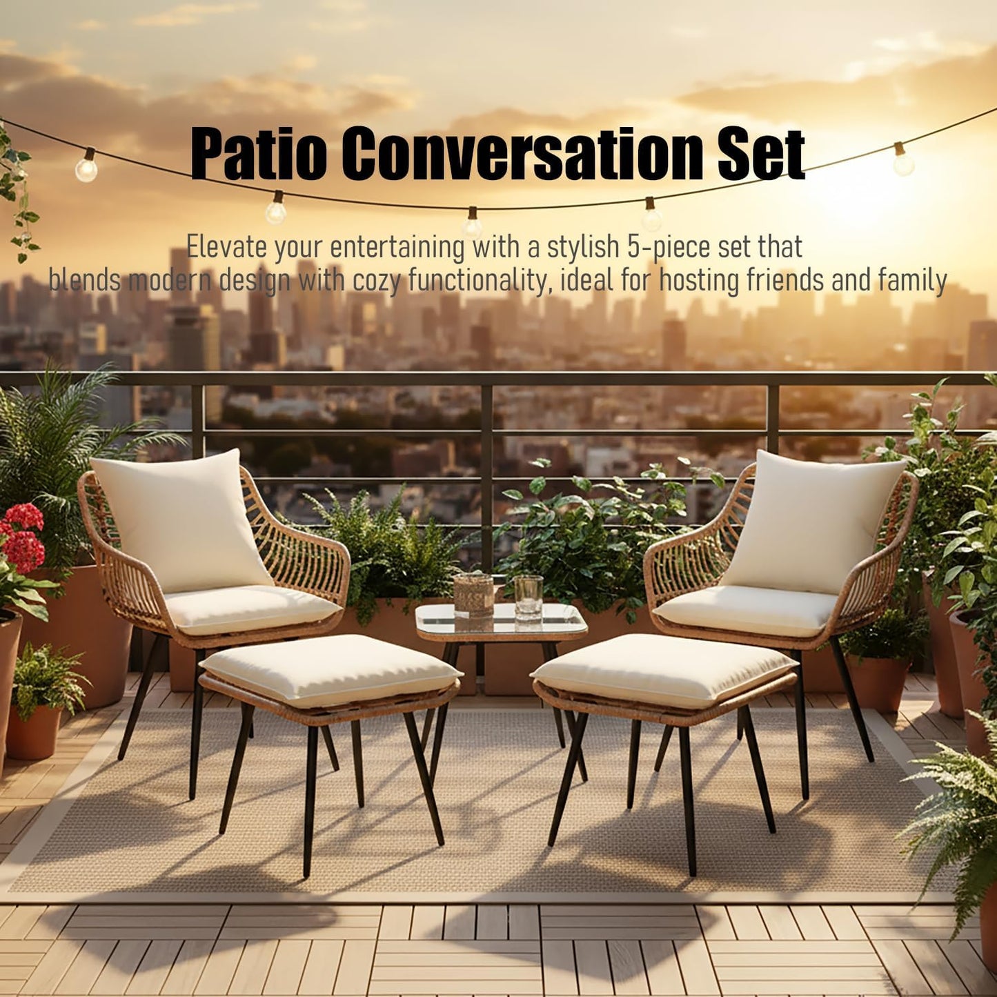 5 Pieces Patio Bistro Set, Outdoor Patio Table and Chairs with Footrest, Waterproof Small Patio Conversation Set, Outdoor Chair with Ottoman for Porch, Backyard, Deck, Balcony