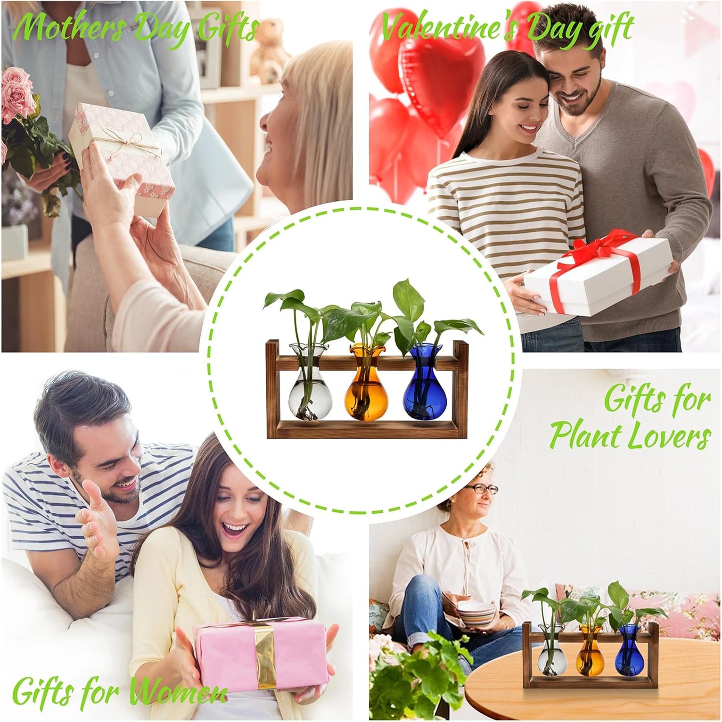 Plant Propagation Station Plant Terrarium Unique Birthday Gifts for Women Plant Lovers Home Office Decor Planter with Wooden Stand - 3 Bulb Glass Vase