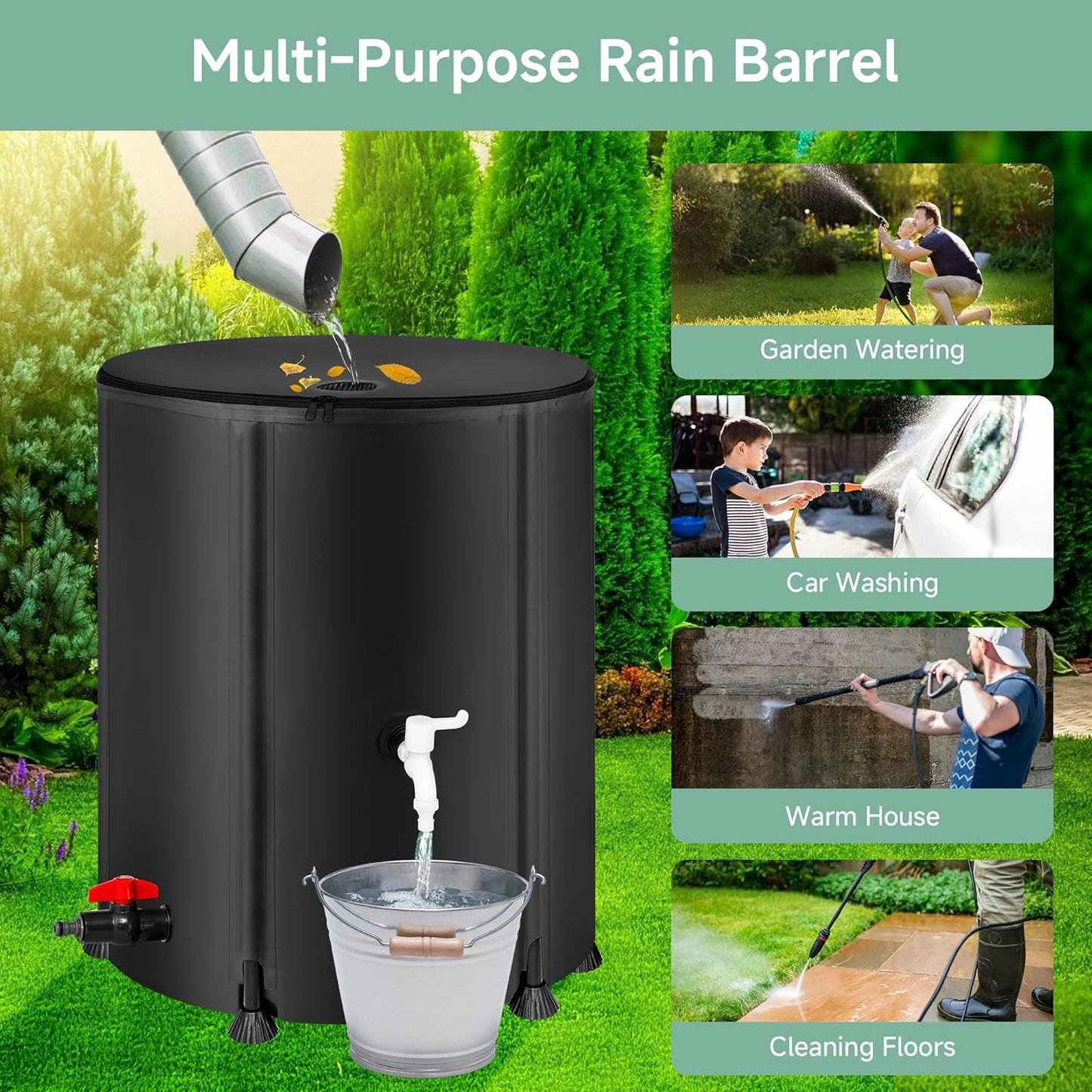 Collapsible Rain Barrel Water Storage Containers-53 Gallon Portable Rainwater Collect System Water Tank to Collect Rainwater from Gutter Downspout Water Catcher with Spigots,Filter&Overflow Kits