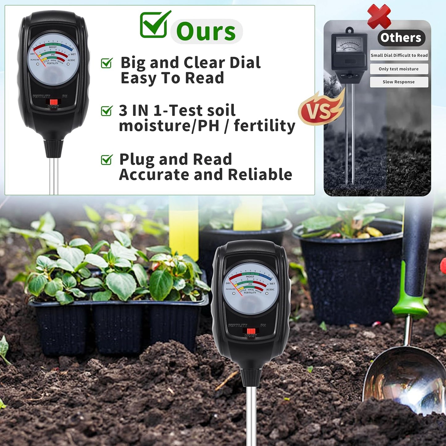3-in-1 Soil Test Kit, Soil Moisture Meter/Soil pH Meter/Soil Fertility Tester, Soil Moisture Meter for Garden, Farm, Indoor, Outdoor and Lawn Care (Bright Black)