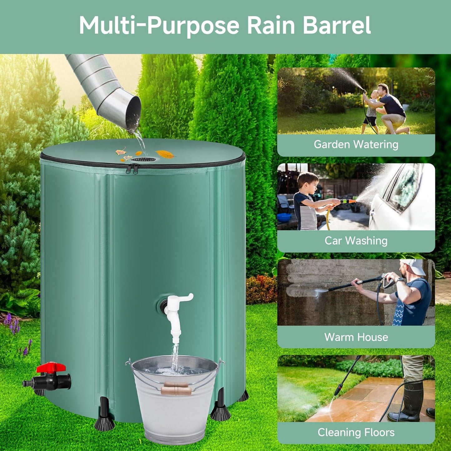Collapsible Rain Barrel Water Storage Containers-53 Gallon Portable Rainwater Collect System Water Tank to Collect Rainwater from Gutter Downspout Water Catcher with Spigots,Filter&Overflow Kits