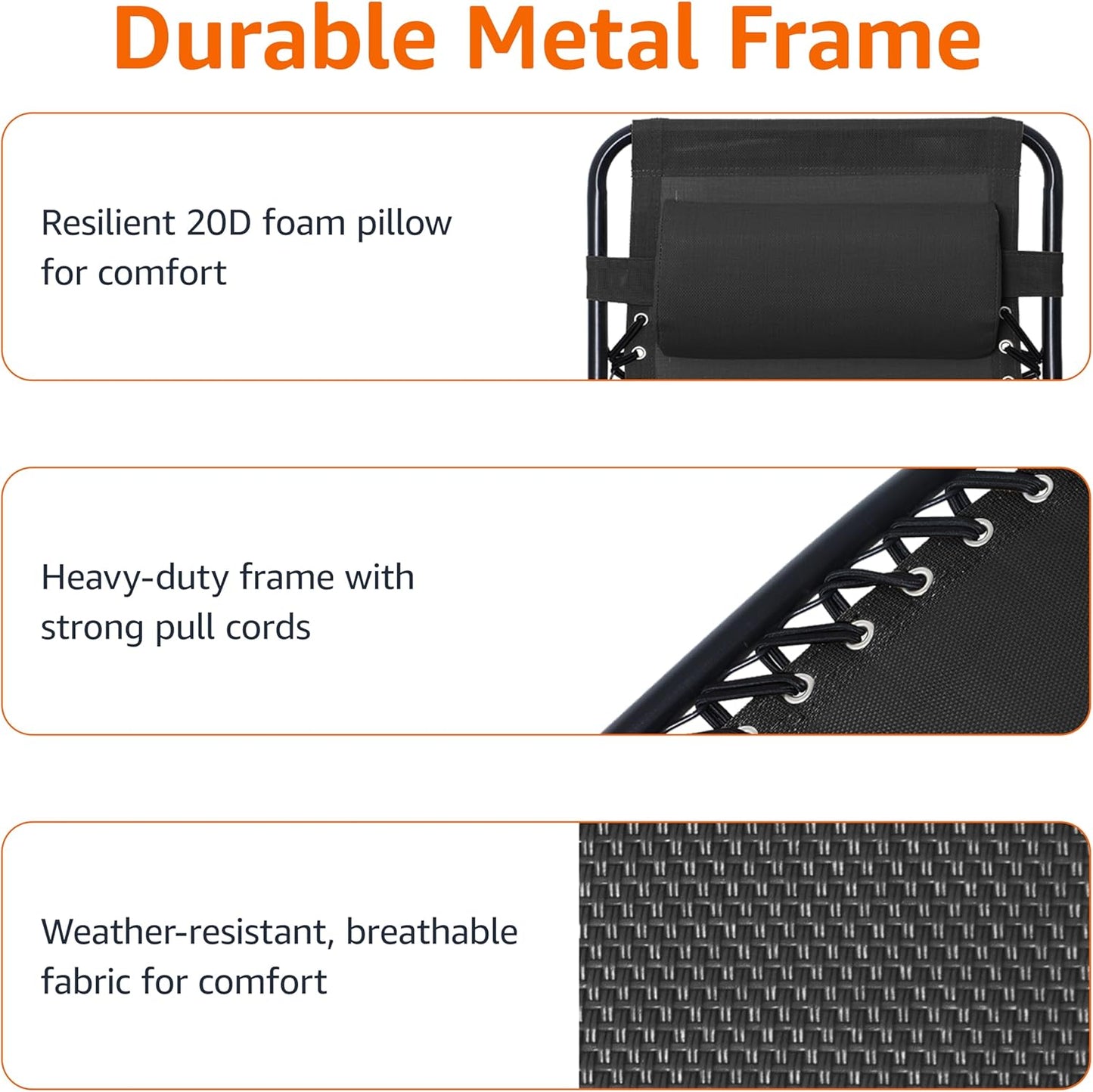 Amazon Basics Outdoor Patio Zero Gravity Lounge Chair with Pillow, Folding Reclining and Textilene Adjustable, Folding Lounge Lawn Chairs for Outside, 26", Black