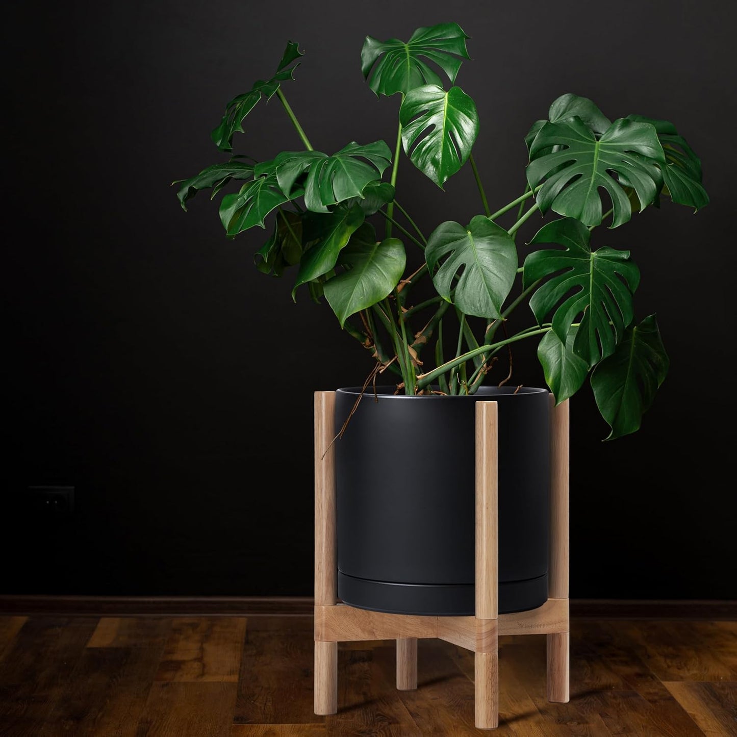 D'vine Dev Ceramic Planter with Natural Stand - 12 Inch Modern Round Flower Pot with Wood Planter Holder, Black, 55-B-J-2