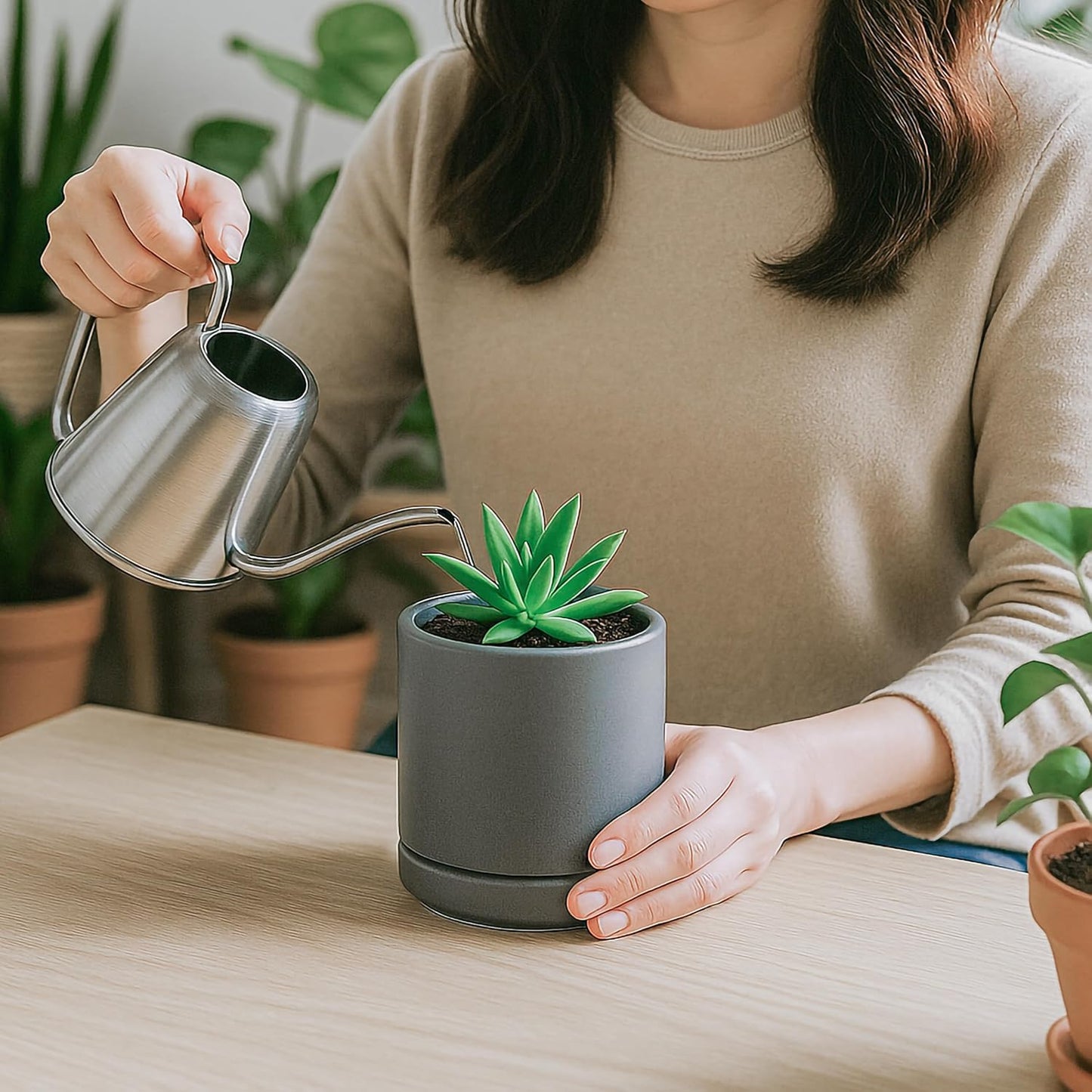 D'vine Dev 3.5 Inch Ceramic Planter Pot with Drainage Hole and Saucer, Indoor Cylinder Round Planter Pot, Speckled Grey, 94-O-A-3