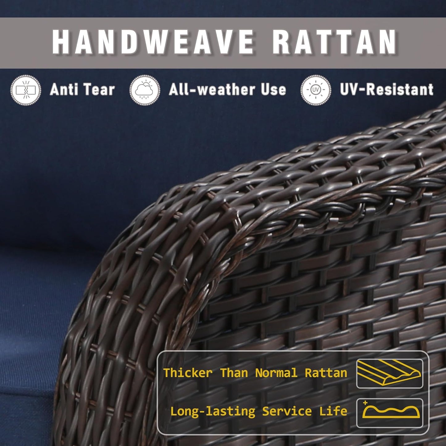 77 inch Outdoor Wicker 3 Seater Sofa, All-Weather Use Patio Rattan Sofa with Seat and Back Cushion, Ideal for Porch, Backyard, Balcony, Poolside, Blue