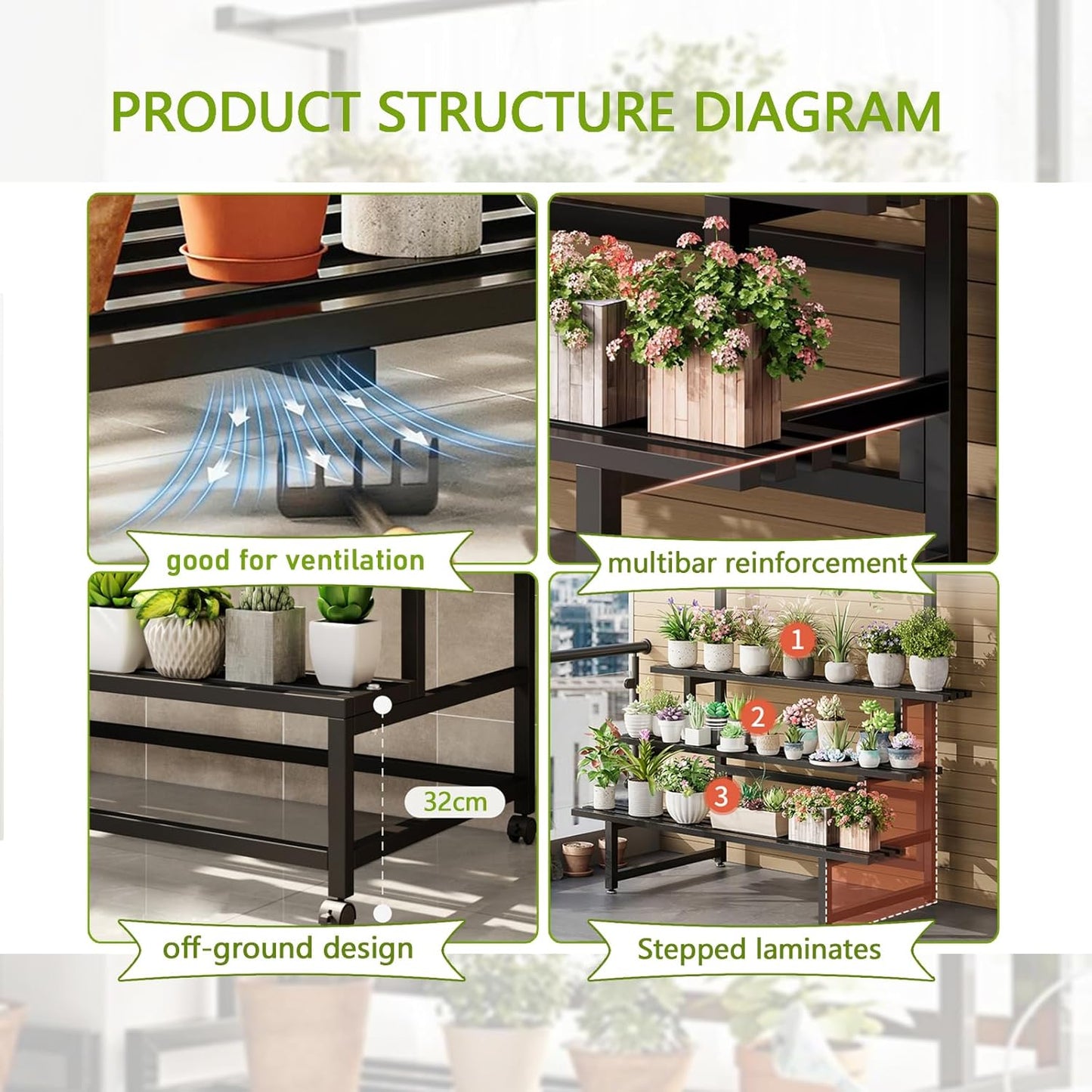 39in Large Metal Plant Stand, 3 Tier with Hanging Tall Plant pot shelf (67in), with Rollers Heavy Duty Plant Holder, for Home/Garden/living room/balcony (BLACK, 39IN)