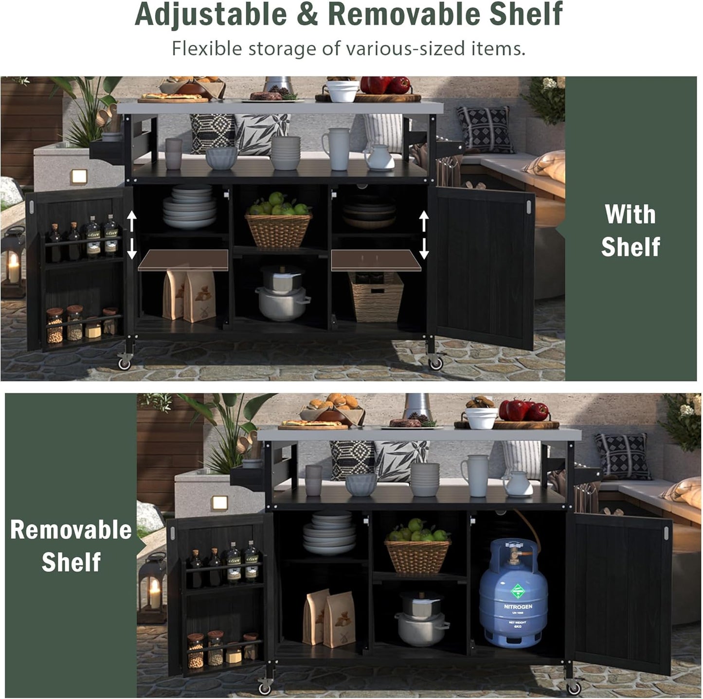 50.25" W Grill Cart with Stainless Steel Tabletop - Outdoor Storage Cabinet for BBQ, Bar Patio Kitchen Island with Ample Storage and Lockable Wheels