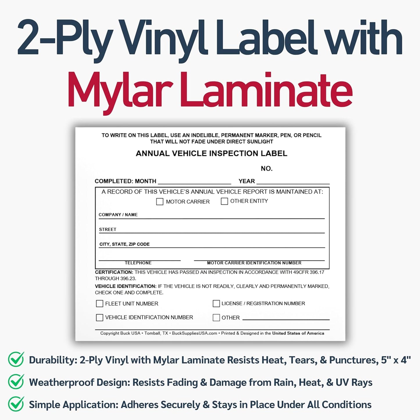 10 Pack 3-Ply Carbonless Annual Vehicle Inspection Report Forms with FMCSA Red Aluminum Labels & White Mylar Laminate Vinyl Labels, DOT Inspection Forms and Stickers, Shrink-Wrapped, 8.5" x 11.75"