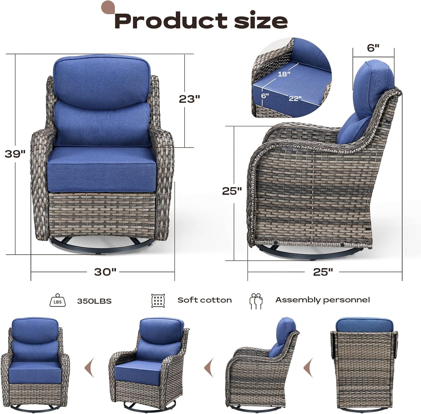 Outdoor Patio Swivel Rocker Chairs Set of 2, Waterproof Wicker, High Back, Deep Seating, Wide Armrest, Upgraded 6 inch Thick Cushions, Side Table, Ideal for Deck Porch Yard, Mixed Grey-Blue