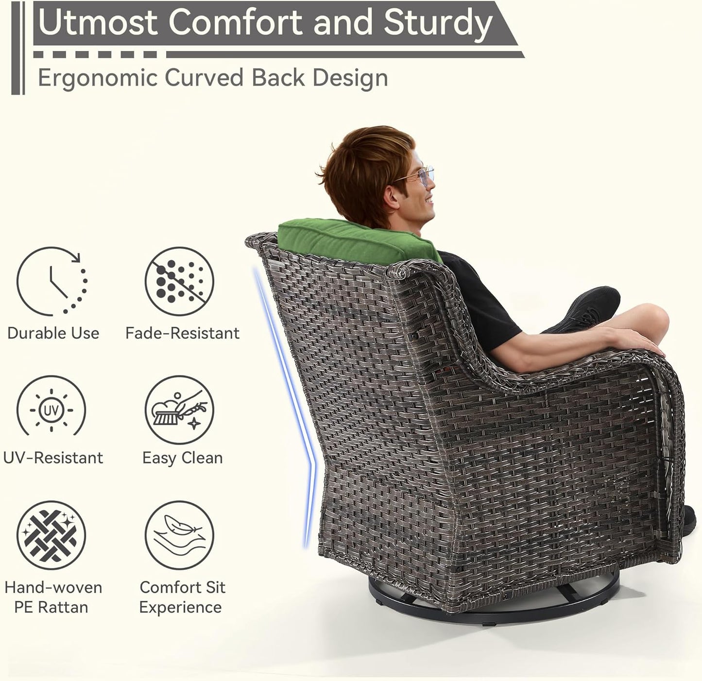 3 Pieces Outdoor Furniture Set - Patio Wicker Swivel Rocker Chair Set of 2 and 1 Side Table, Green, Mixed Brown Rattan, Suitable for Porch, Yard