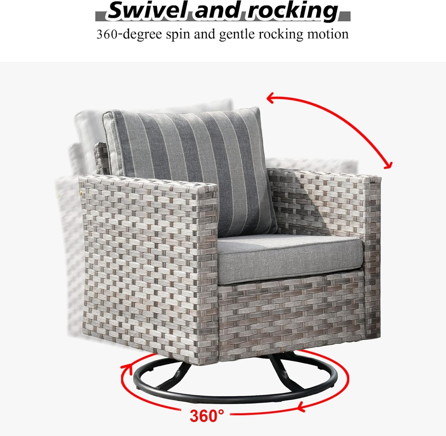 HOOOWOOO 9 Piece Modular Patio Outdoor Sectional Furniture Set with Gas Propane Fire Pit Table,Wicker Conversation Sofa Set with Swivel Chairs,Outside Couch Set(Grey Stripes)