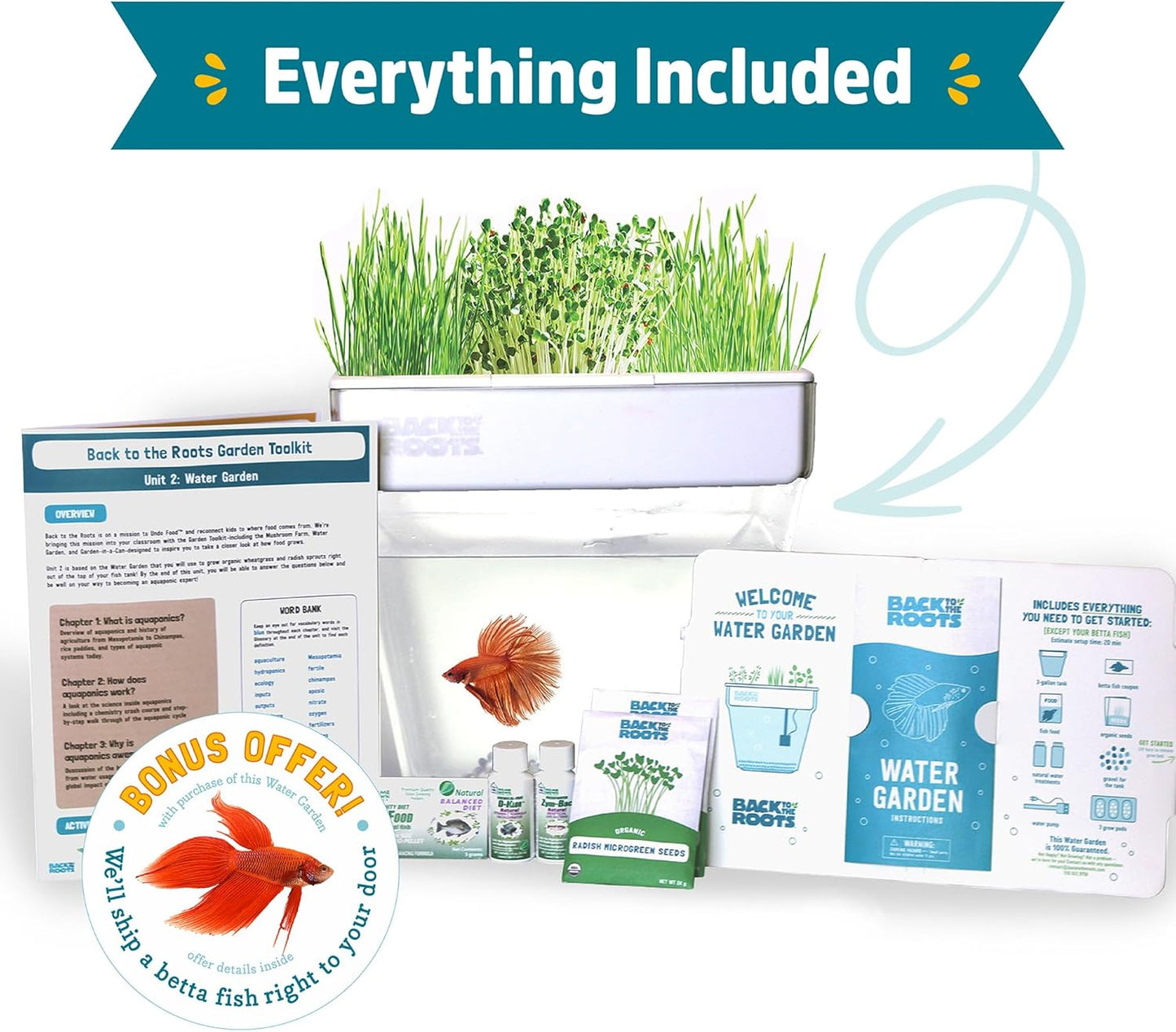 Back to the Roots Indoor Aquaponic Garden - 3 Gallon Self Watering, Mess-Free Planter and Self-Cleaning Fishtank for Herbs, Microgreens, Bamboo, Succulents, and Houseplants, support Fish