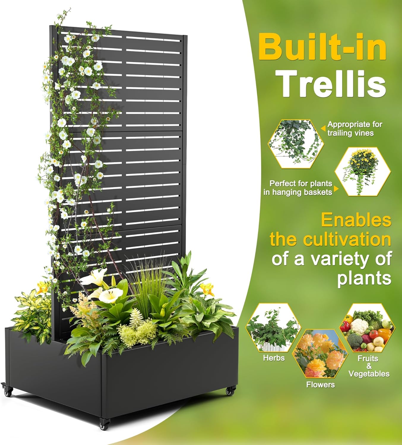 FENCY Dual Planter Boxes Metal Raised Garden Bed with Wheels and Trellis, 73"x35"x24" Privacy Screen for Vegetables, Vines & Flowers, Includes Drainage Holes