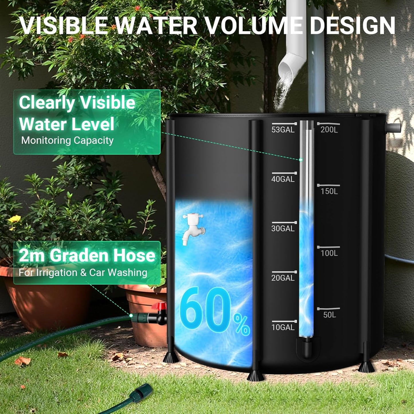 SKM Collapsible Rain Barrel, 53 Gallon Portable Rain Water Collection Barrel for Garden/Outside/Lawn, PVC Rainwater Collection System Water Tank Storage Container with Spigots & Overflow Kit, Black