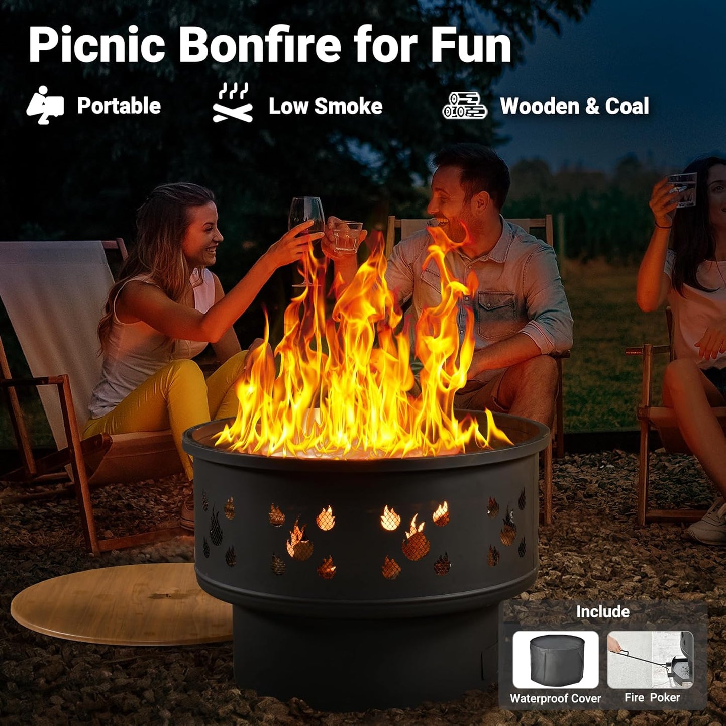 ovios 4 Pieces Patio Furniture Set with 25" Fire Pit, Outdoor Wicker Chairs of 4, All Weather High Back Rattan Chairs 4-Seater with Comfy Cushions, Dark Grey