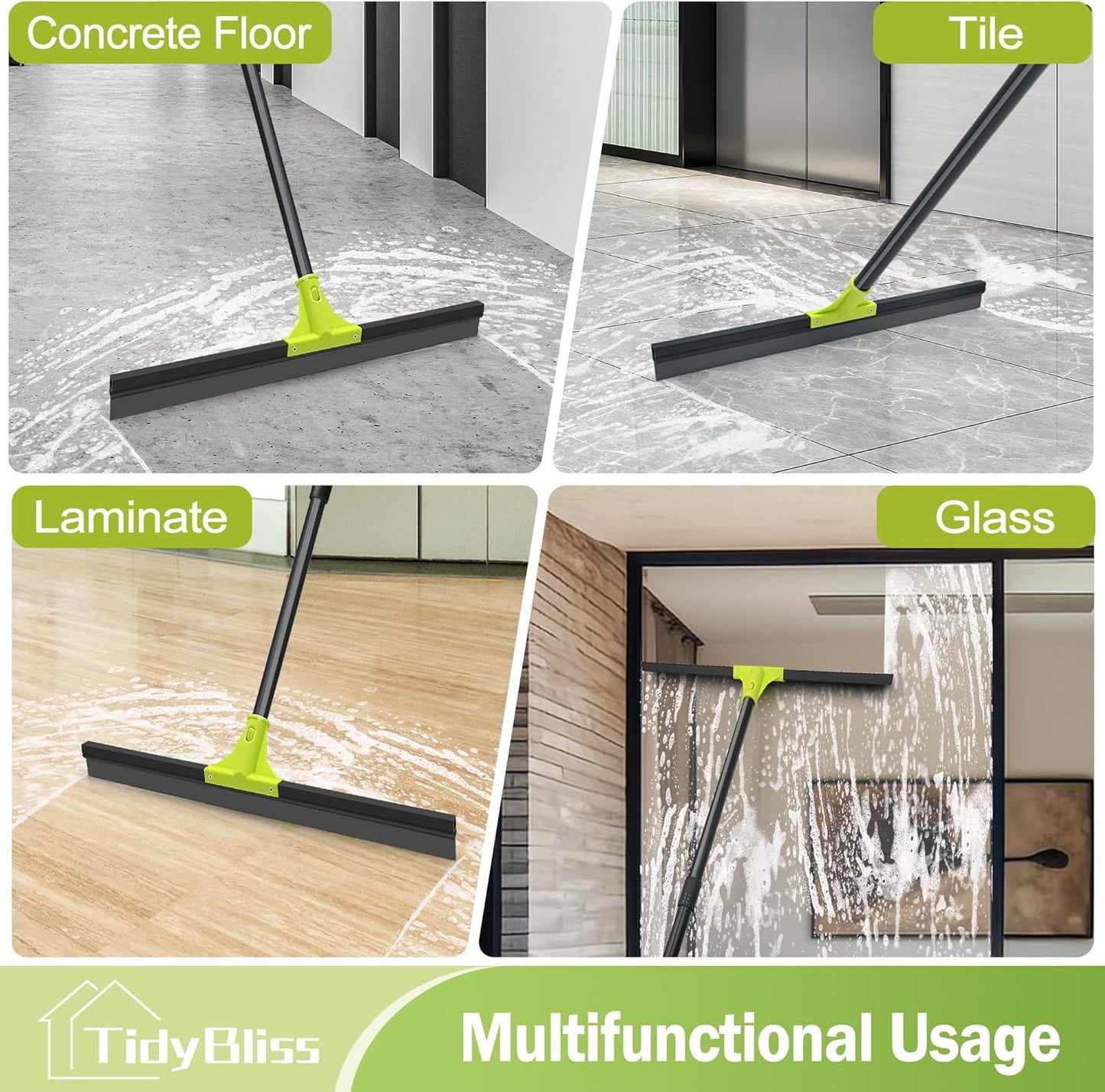 Floor Squeegee Heavy Duty, 24” Rubber Foam Water Scraper Broom, Epoxy Wiper Mop with 62 inches Long Handle for Cleaning Concrete Pool Rug Garage Deck Shower Window Outdoor Indoor (Green)